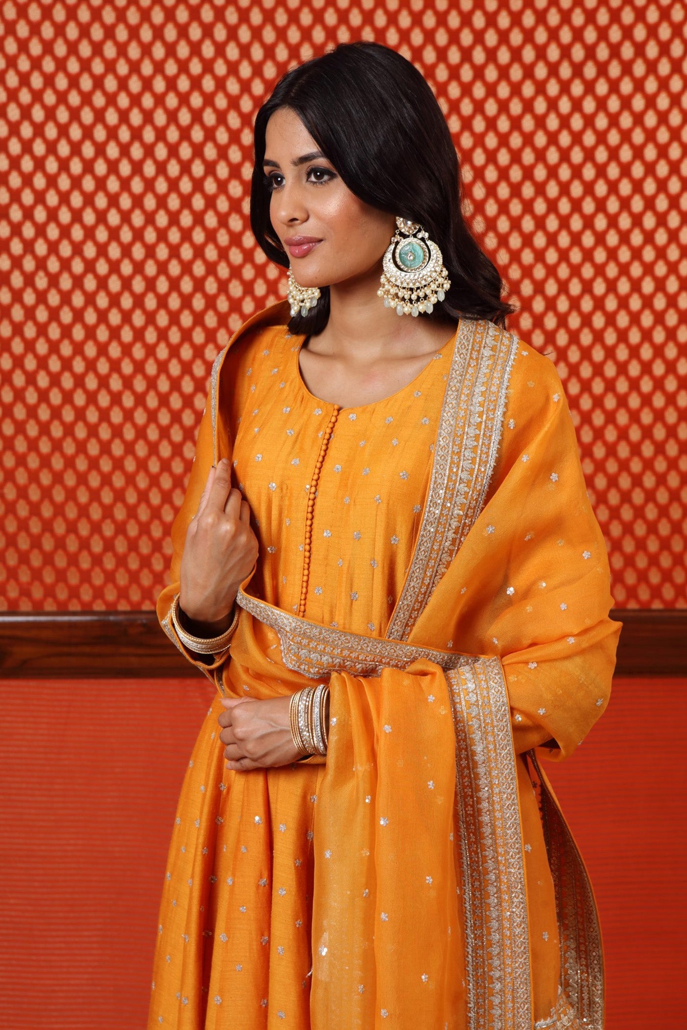 Hand Embroidered Mango Yellow Pure Muga Silk Anarkali Churidaar Set