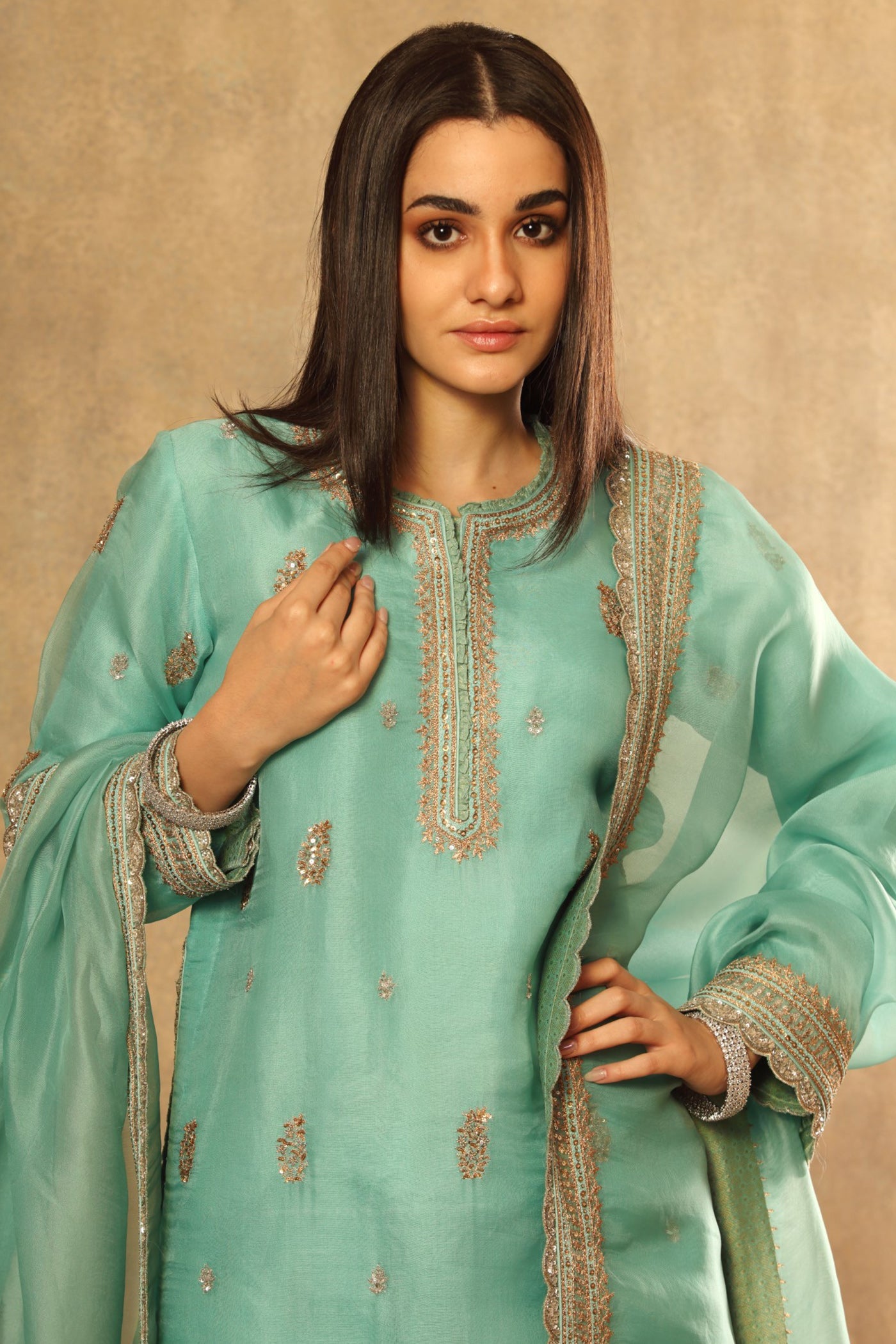 Hand Embroidered Pool Blue Pure Silk Organza Short Kurta Sharara Set