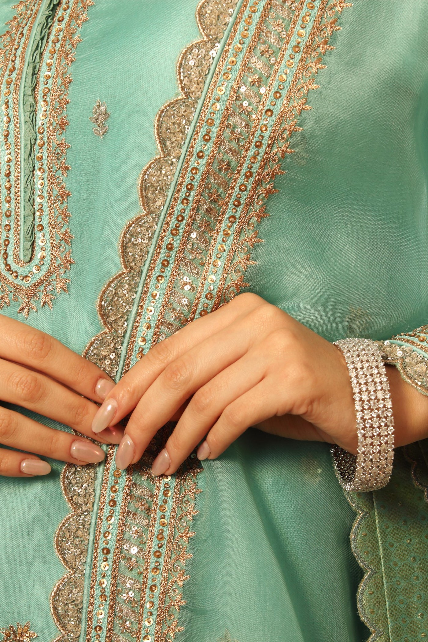 Hand Embroidered Pool Blue Pure Silk Organza Short Kurta Sharara Set
