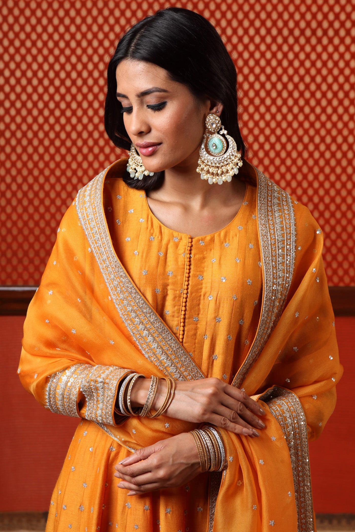 Hand Embroidered Mango Yellow Pure Muga Silk Anarkali Churidaar Set