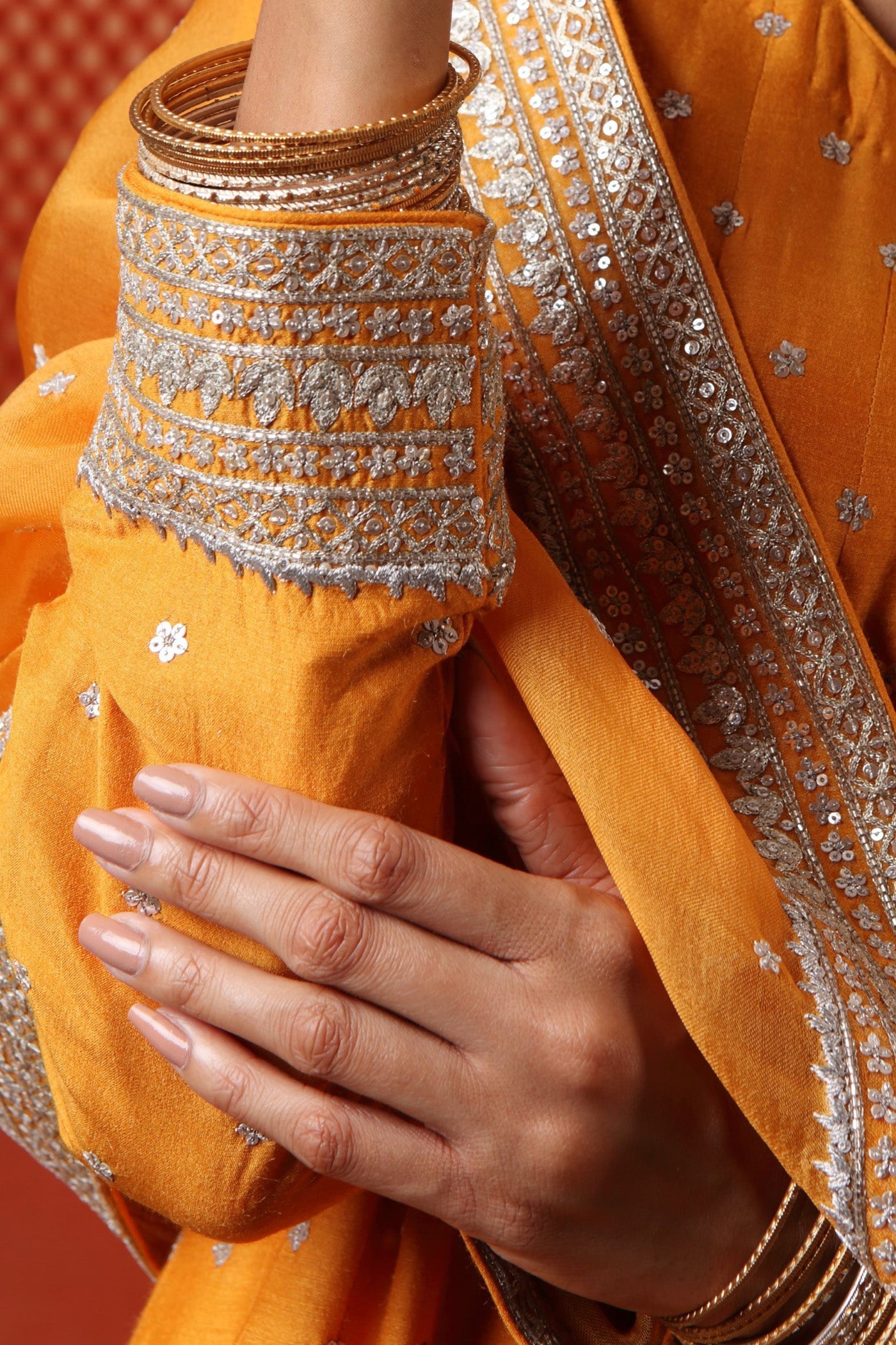 Hand Embroidered Mango Yellow Pure Muga Silk Anarkali Churidaar Set