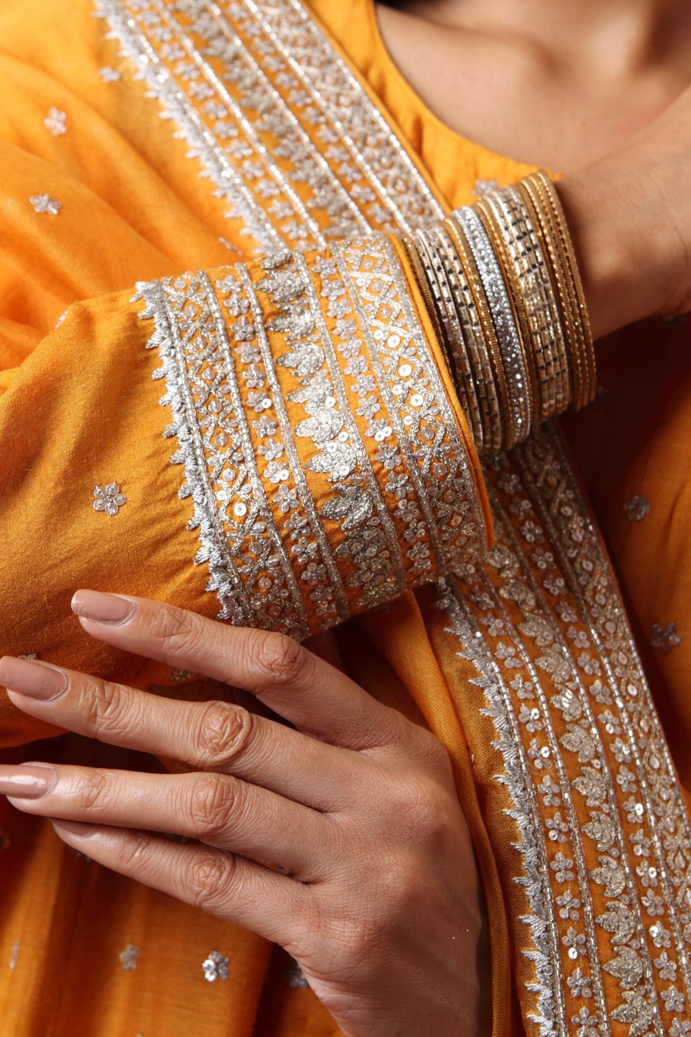 Hand Embroidered Mango Yellow Pure Muga Silk Anarkali Churidaar Set