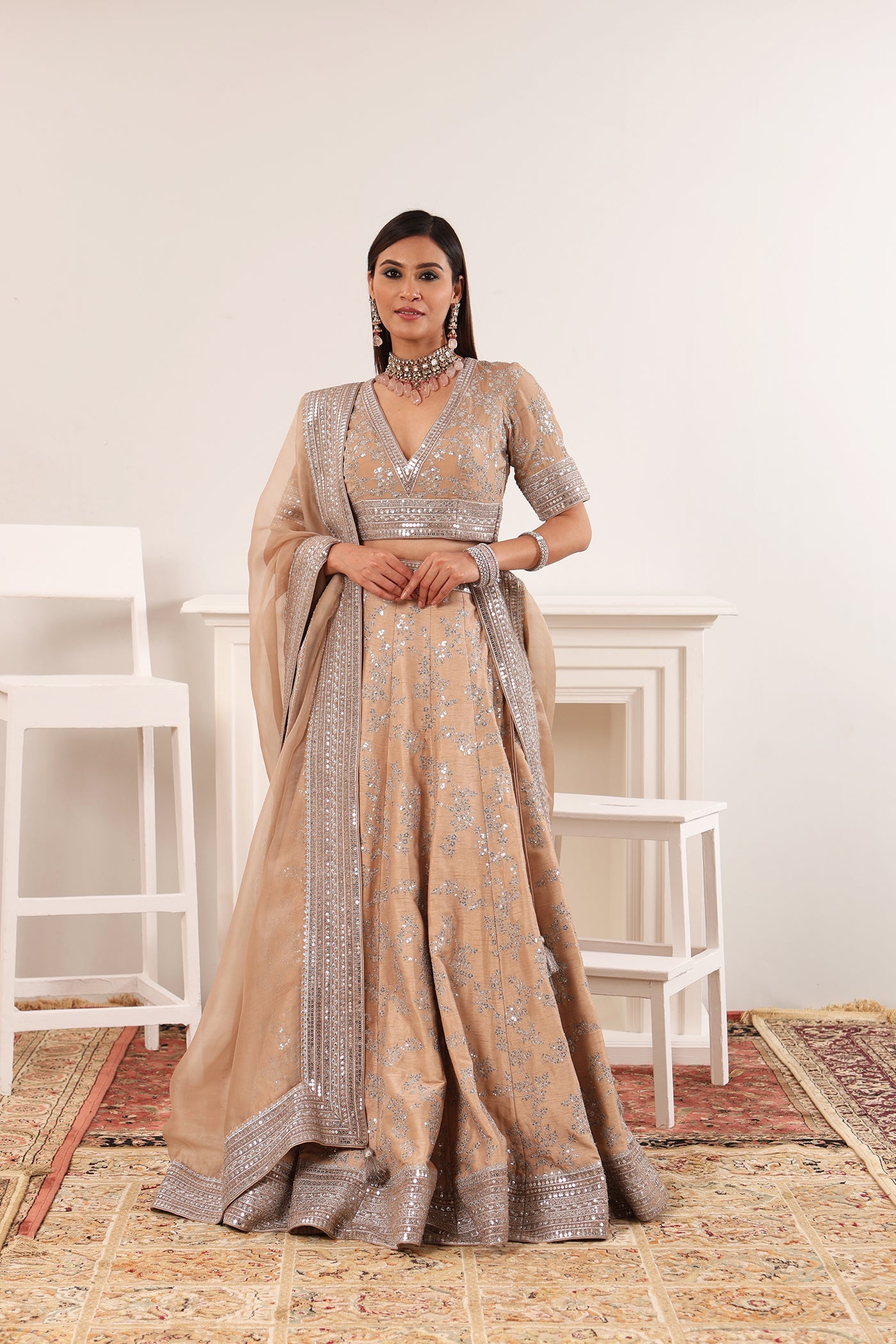 Sand-Beige Embroidered Raw-Silk Lehenga- Set With Pure Crepe-Silk Blouse & Pure Silk- Organza Dupatta