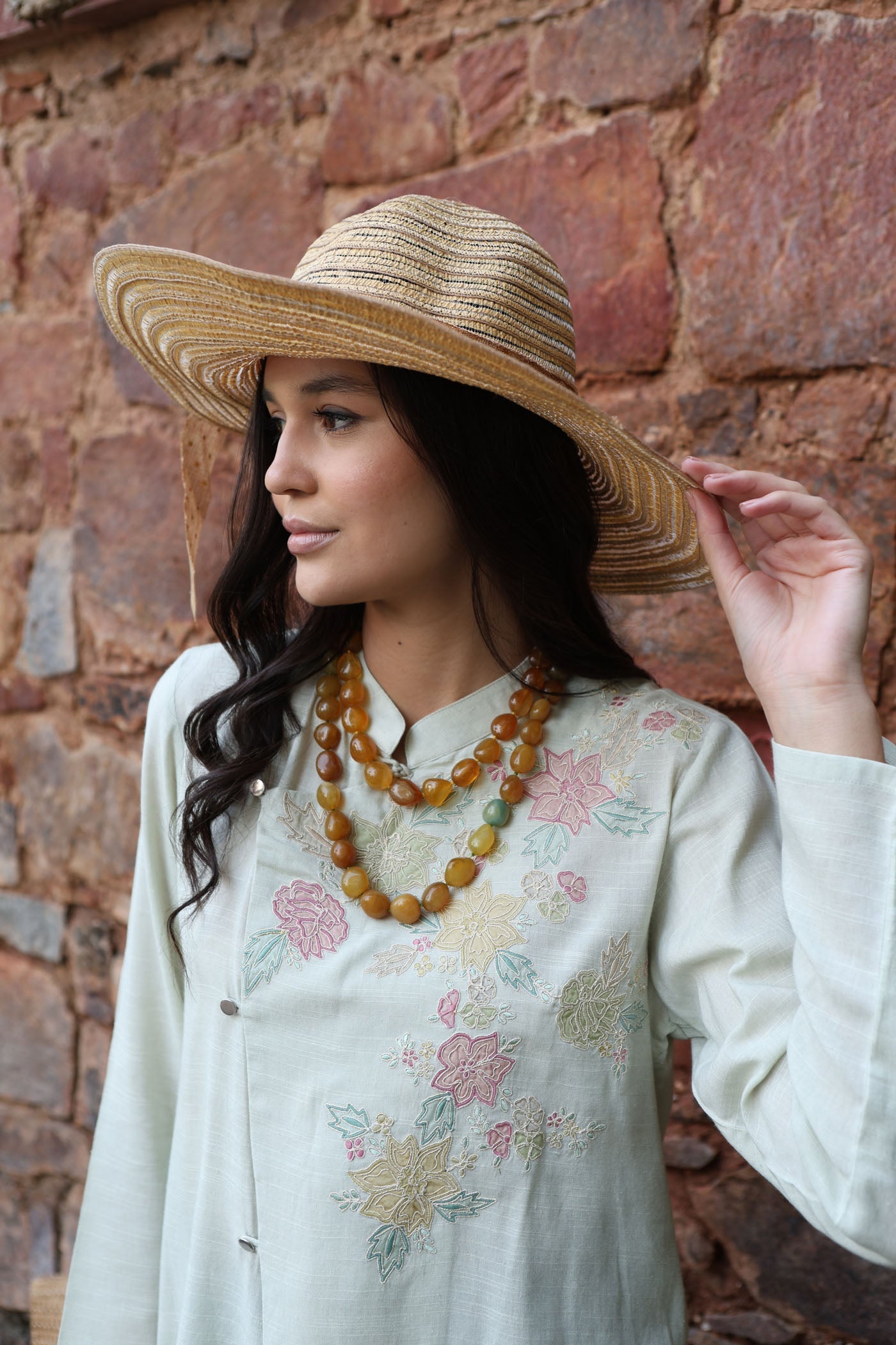 Fern-Green Embroidered (Applique & Cutwork) Pure Cotton Band-Collared Short-Blouse With An Asymmetrical Front Opening