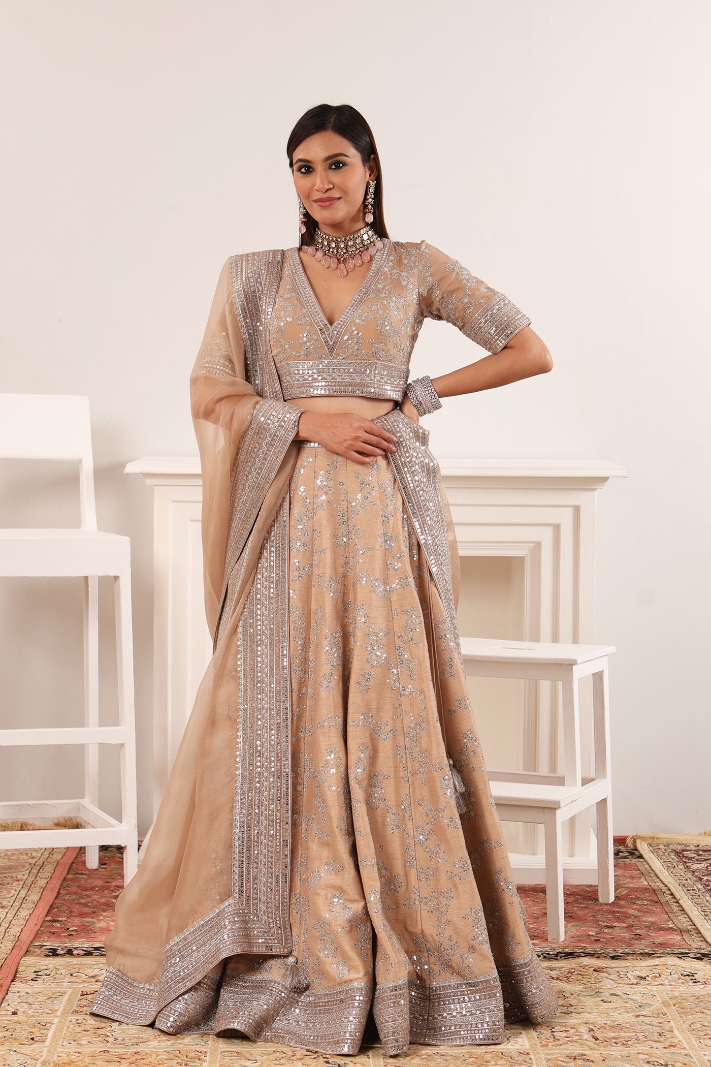 Sand-Beige Embroidered Raw-Silk Lehenga- Set With Pure Crepe-Silk Blouse & Pure Silk- Organza Dupatta