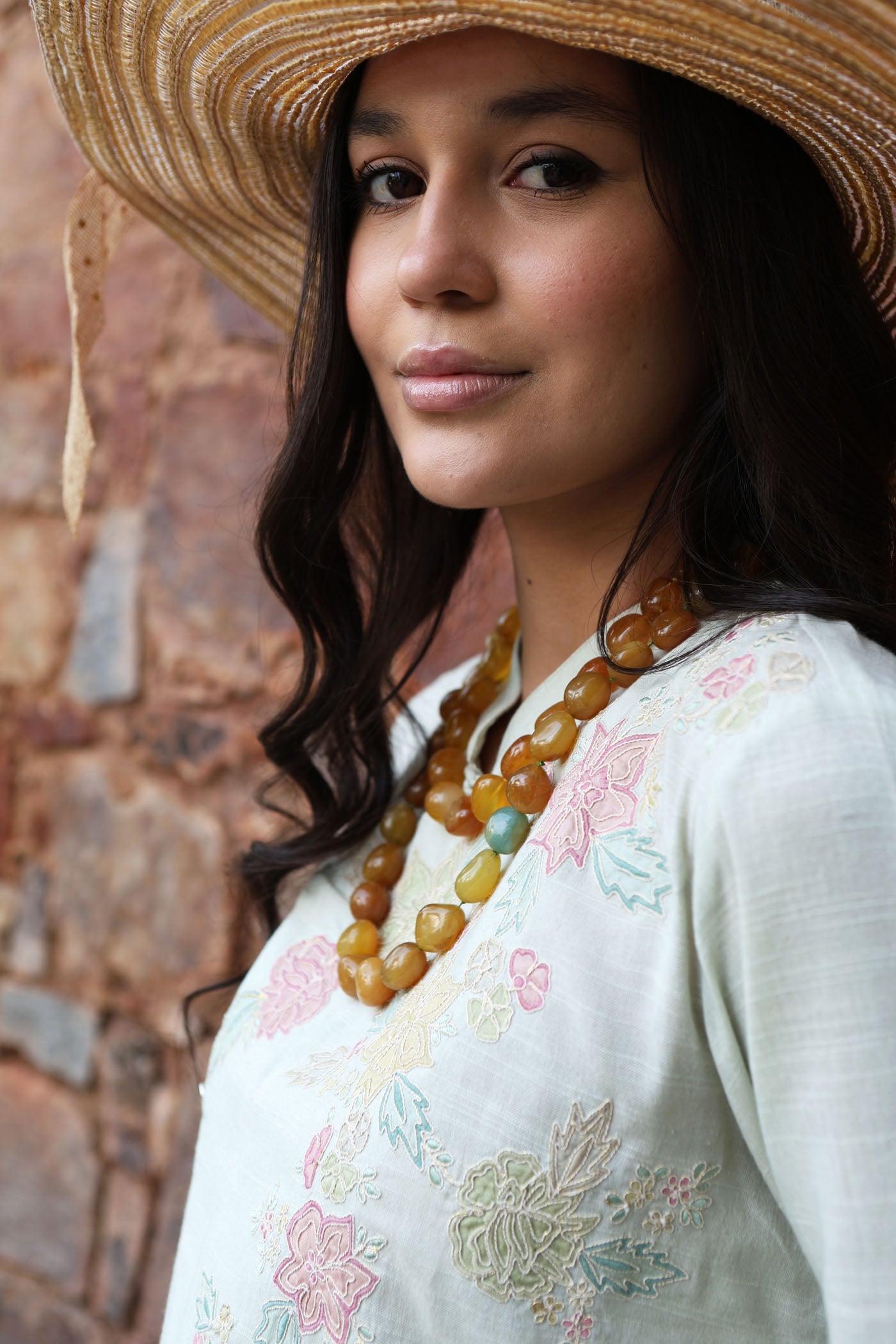 Fern-Green Embroidered (Applique & Cutwork) Pure Cotton Band-Collared Short-Blouse With An Asymmetrical Front Opening