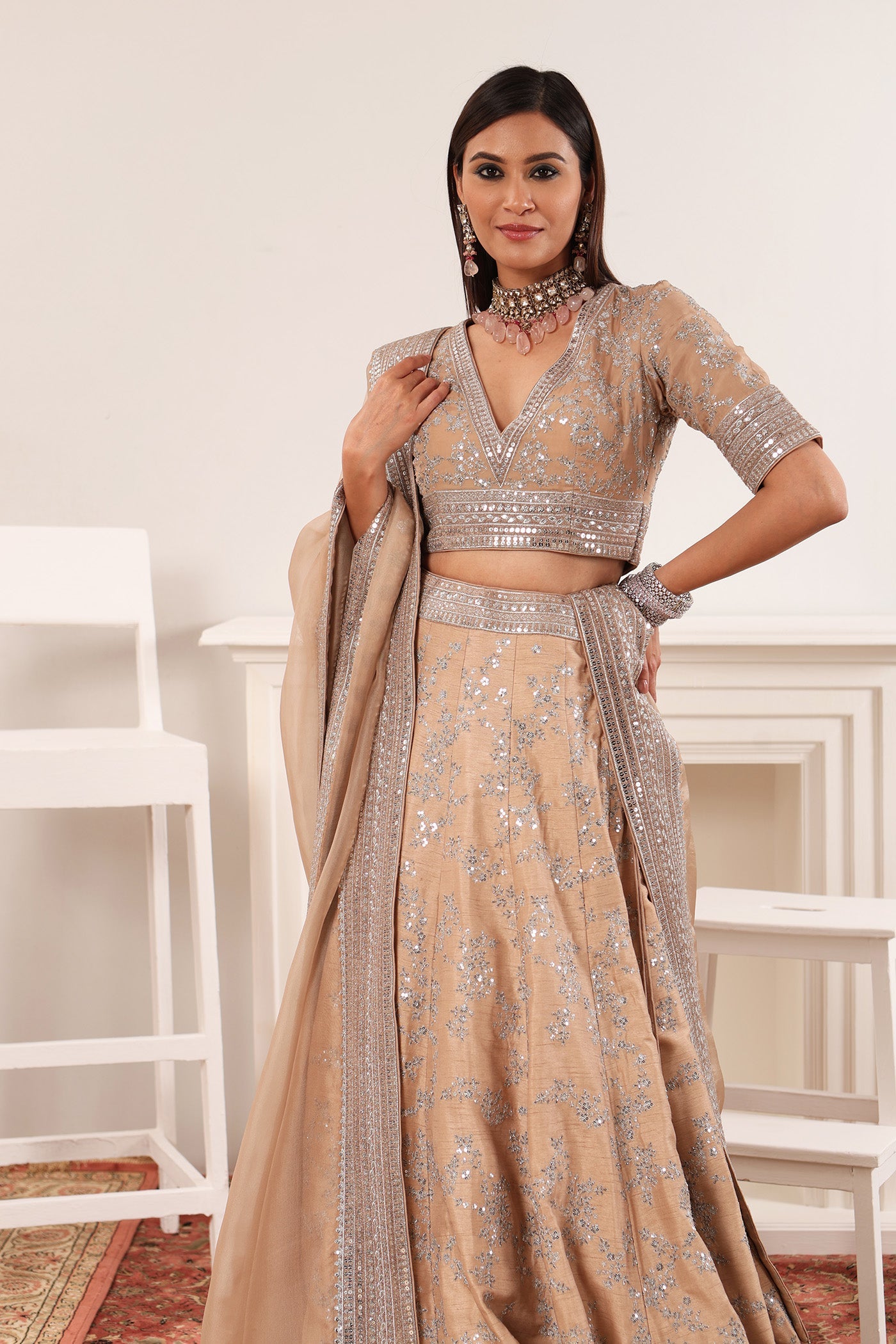 Sand-Beige Embroidered Raw-Silk Lehenga- Set With Pure Crepe-Silk Blouse & Pure Silk- Organza Dupatta