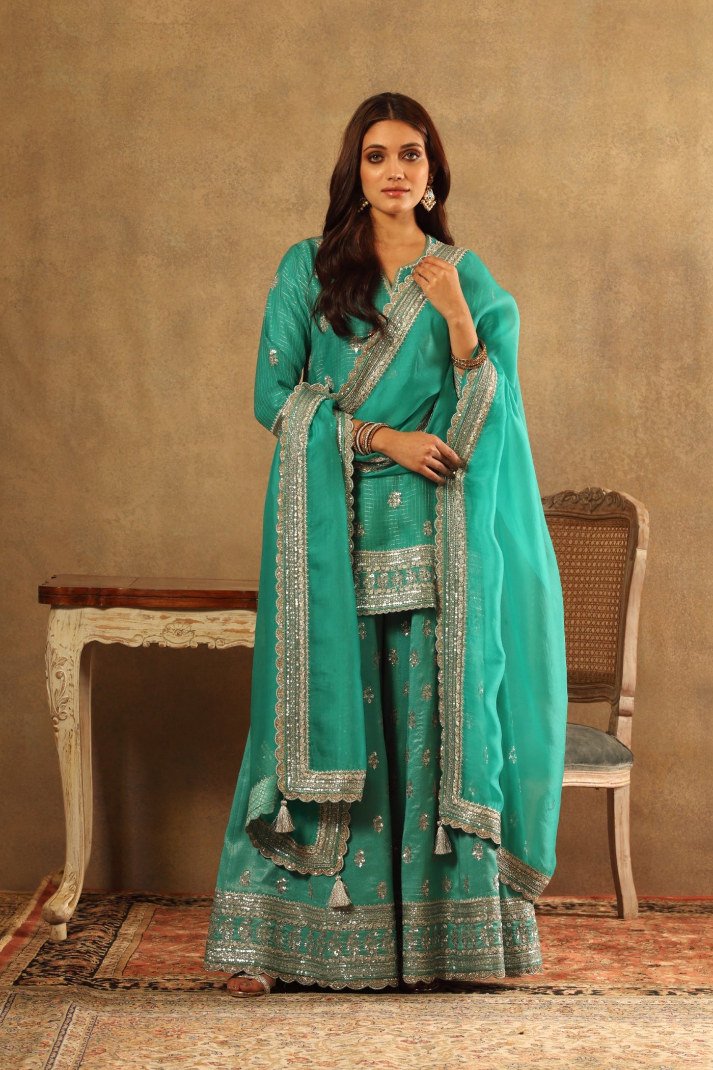 Hand Embroidered Sea Blue Pure Katan Silk Short Kurta Sharara Set 1