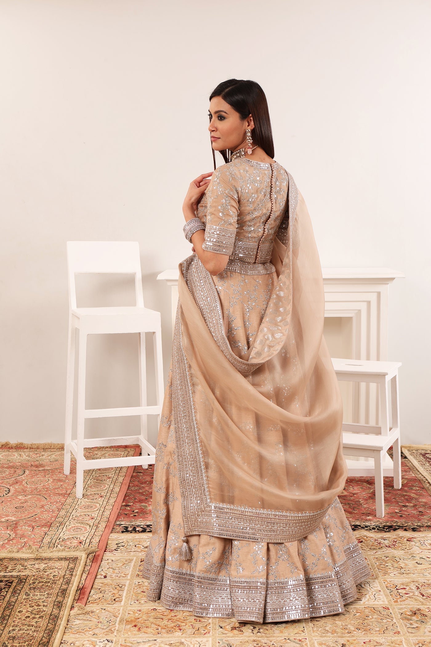 Sand-Beige Embroidered Raw-Silk Lehenga- Set With Pure Crepe-Silk Blouse & Pure Silk- Organza Dupatta