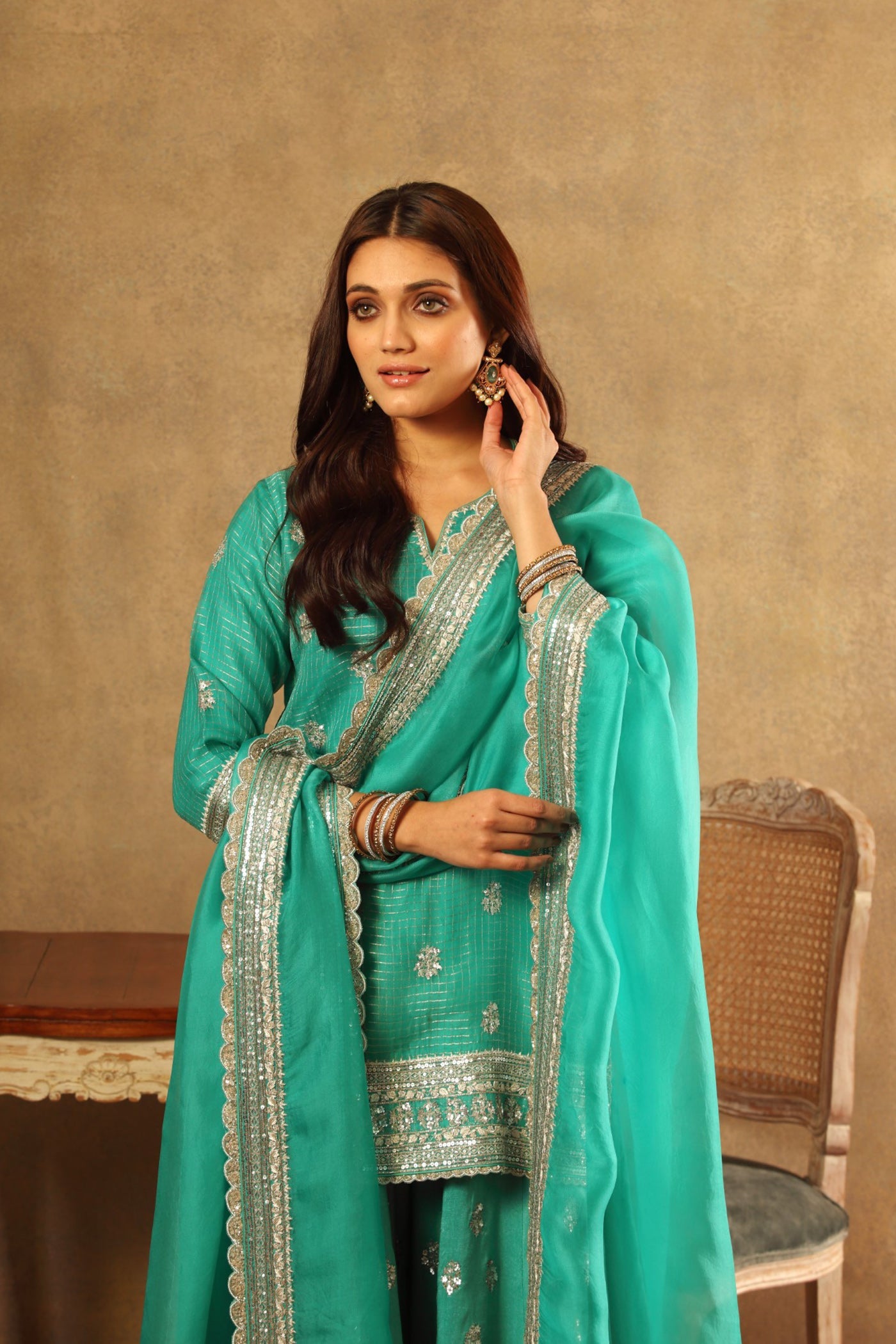 Hand Embroidered Sea Blue Pure Katan Silk Short Kurta Sharara Set 1