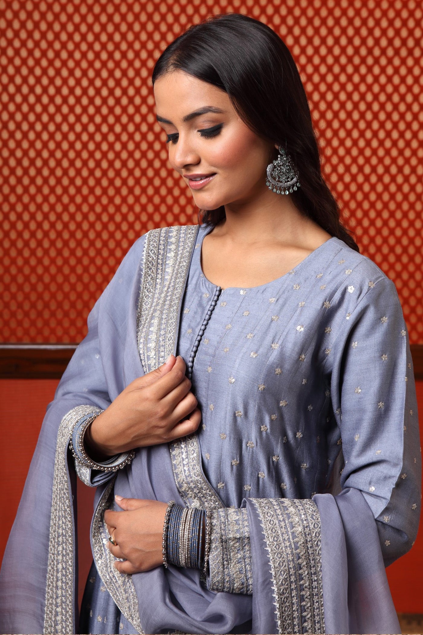 Hand Embroidered Tempest Blue Pure Muga Silk Anarkali Churidaar Set