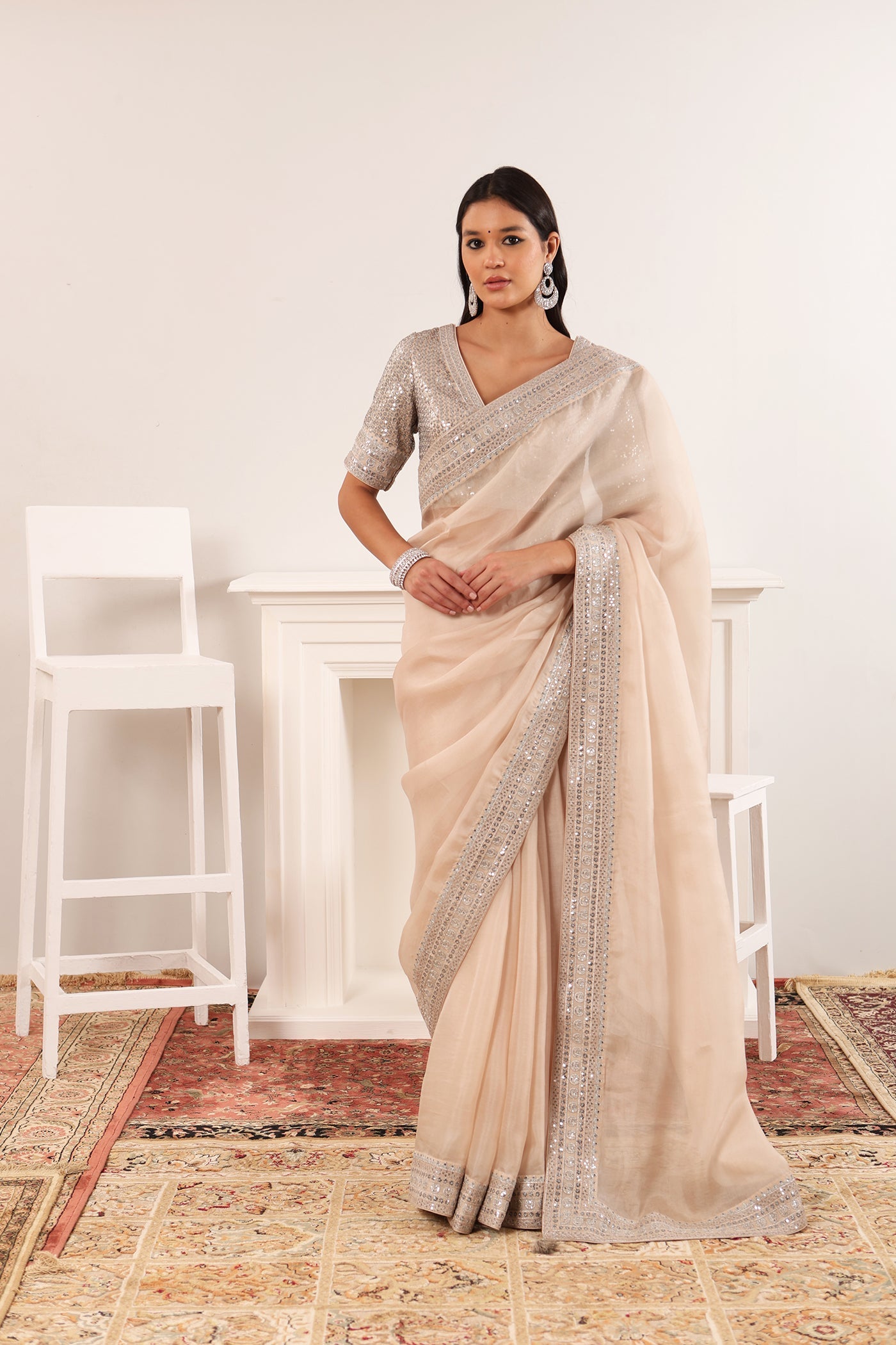Priya Banerjee in Sand-Beige Embroidered Pure Silk-Organza Saree-Blouse Set