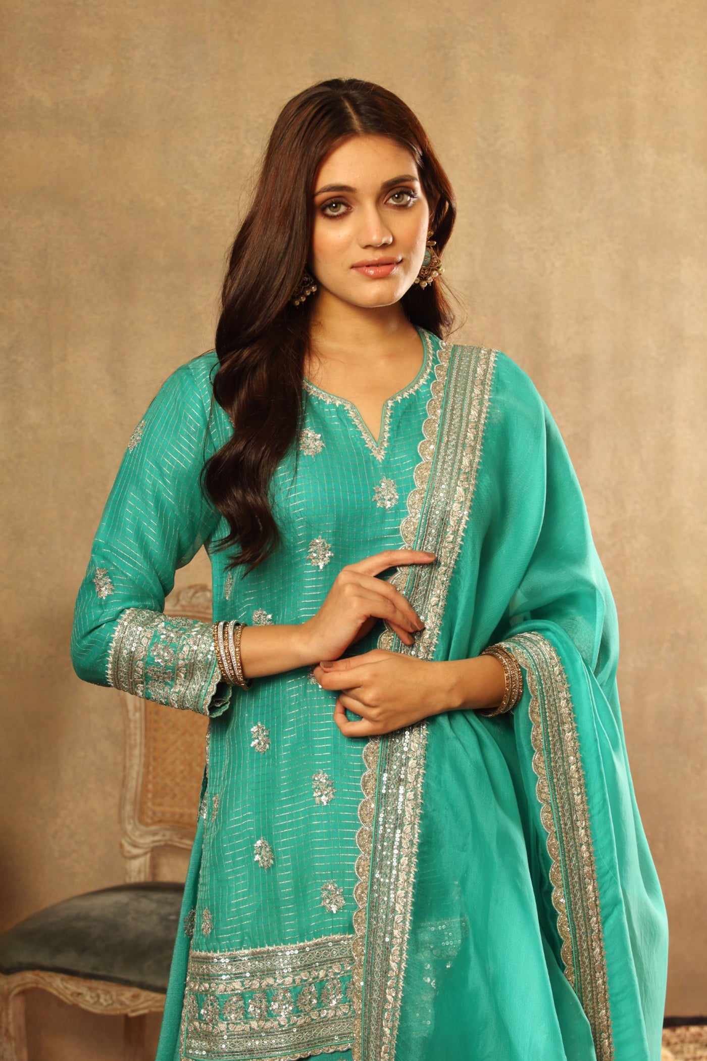Hand Embroidered Sea Blue Pure Katan Silk Short Kurta Sharara Set 1