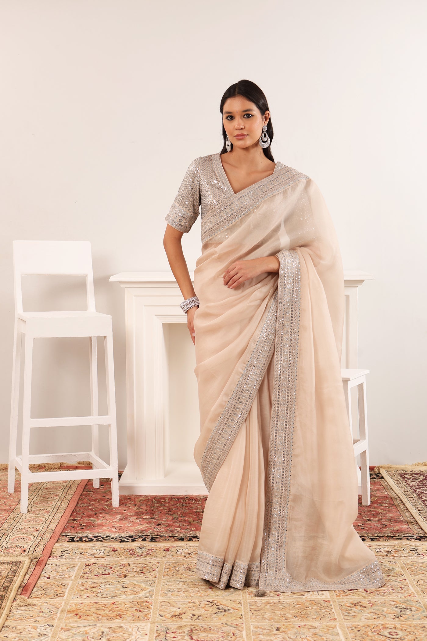 Priya Banerjee in Sand-Beige Embroidered Pure Silk-Organza Saree-Blouse Set