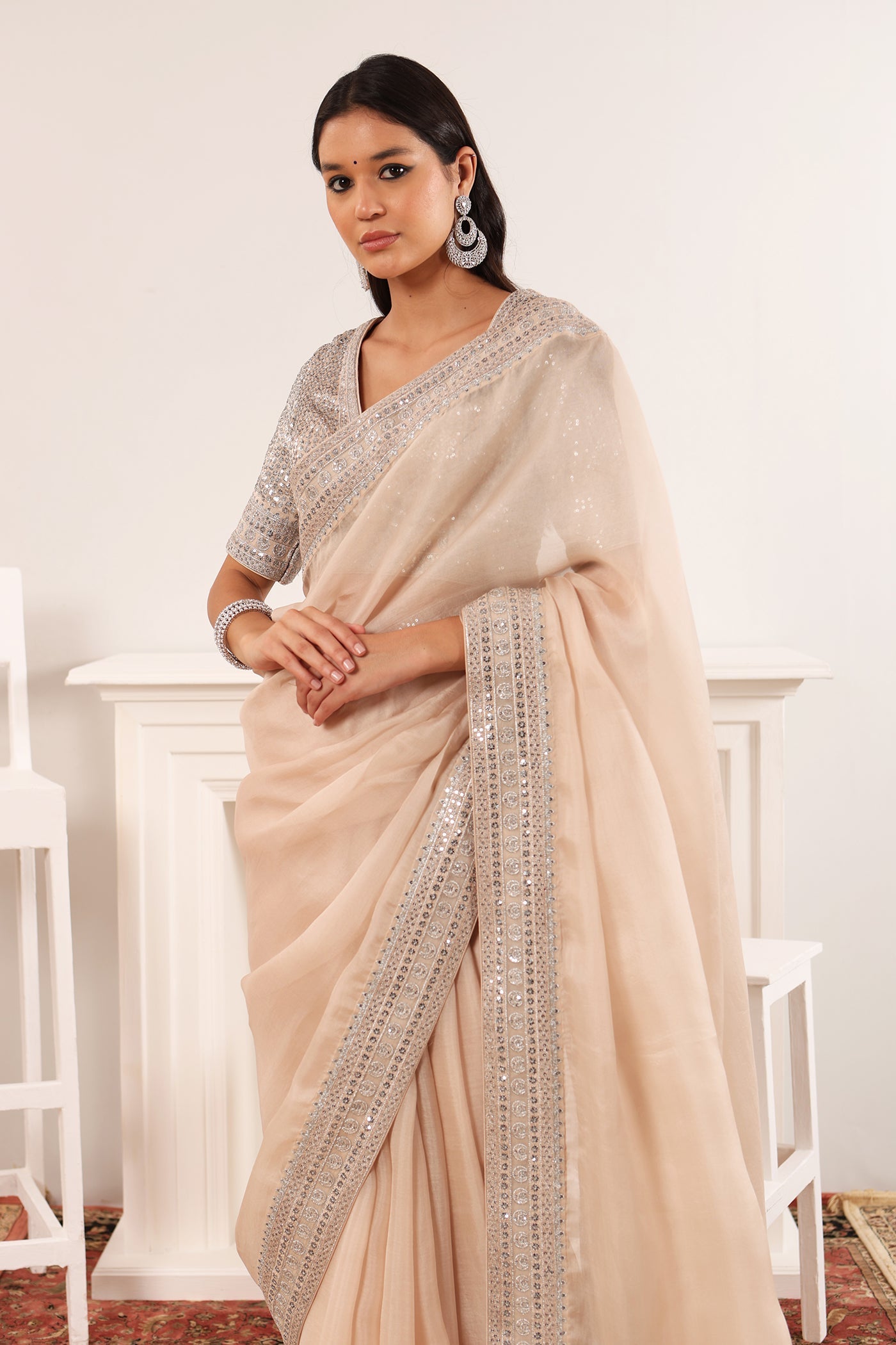 Priya Banerjee in Sand-Beige Embroidered Pure Silk-Organza Saree-Blouse Set