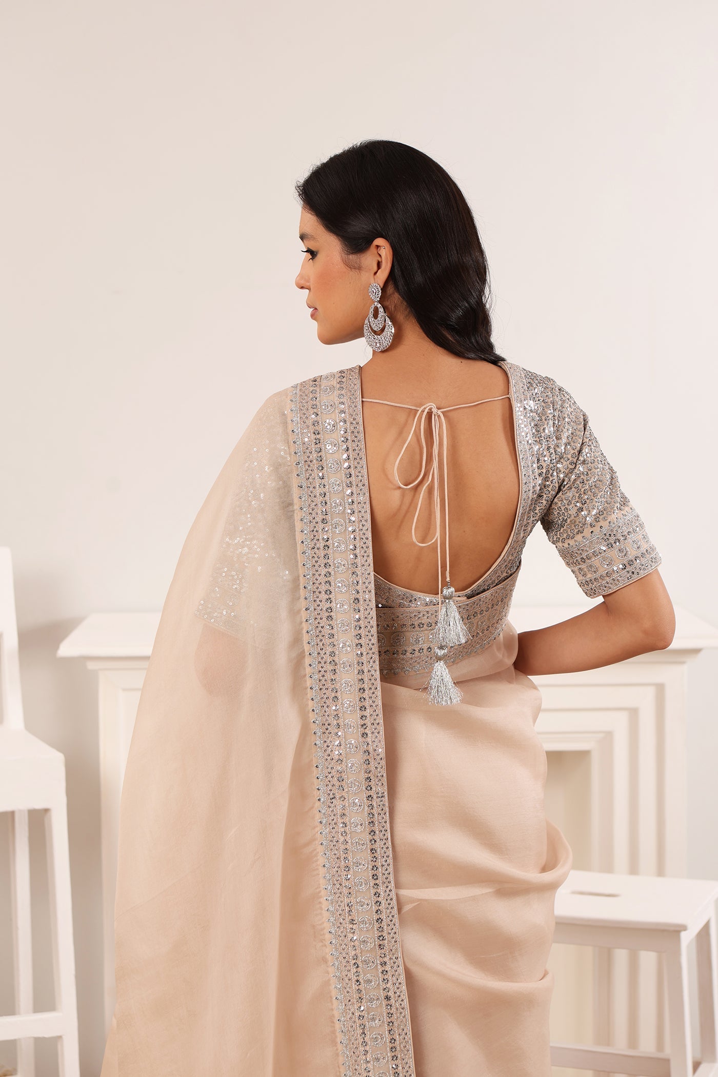 Priya Banerjee in Sand-Beige Embroidered Pure Silk-Organza Saree-Blouse Set
