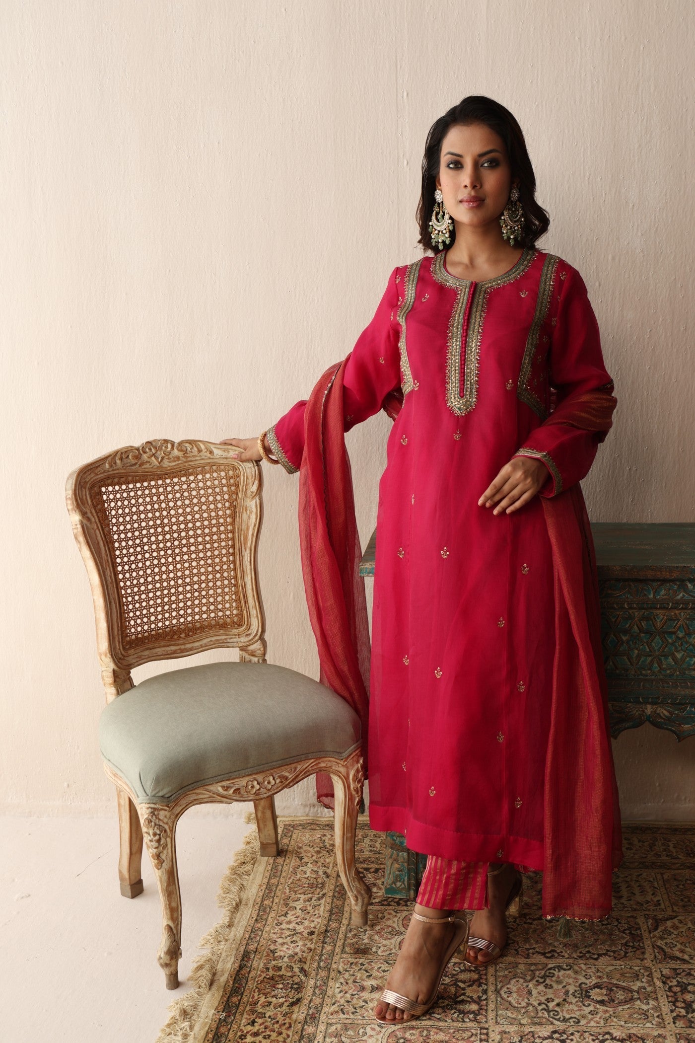 RANI-PINK HAND-EMBROIDERED PURE SILK-ORGANZA KURTA-PANTS SET