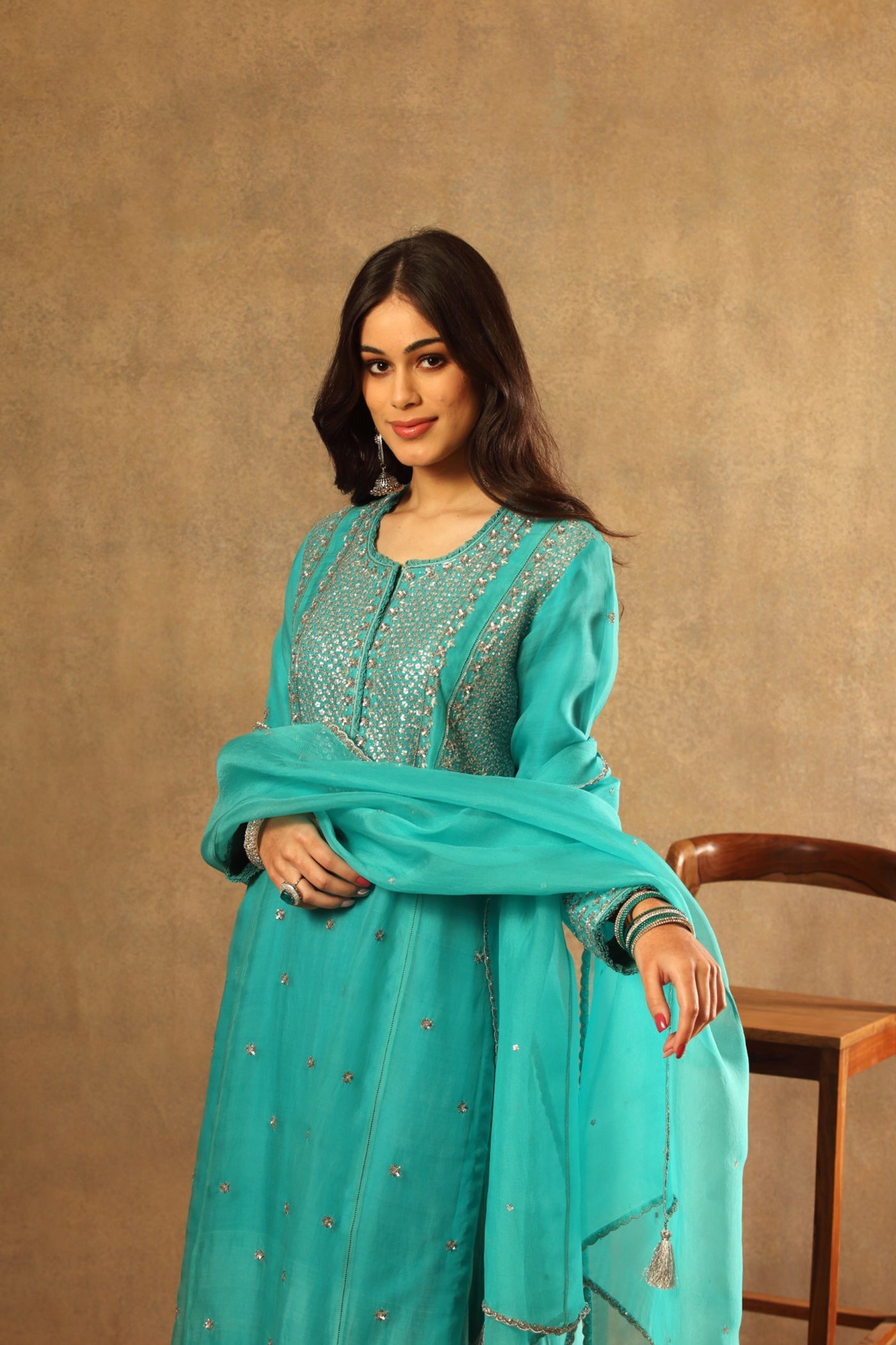 Hand Embroidered Sea Blue Pure Katan Silk Long Kurta Sharara Set