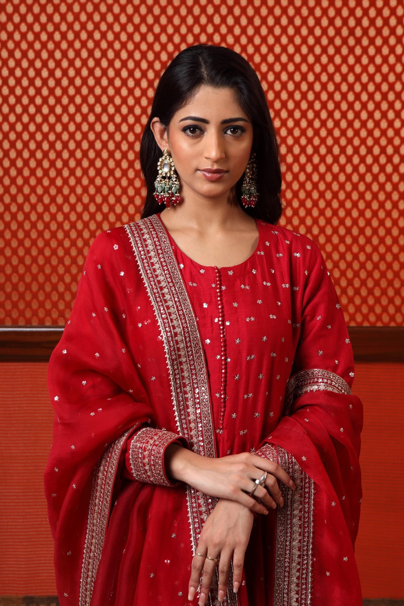 Hand Embroidered Maroon Pure Muga Silk Anarkali Churidaar Set