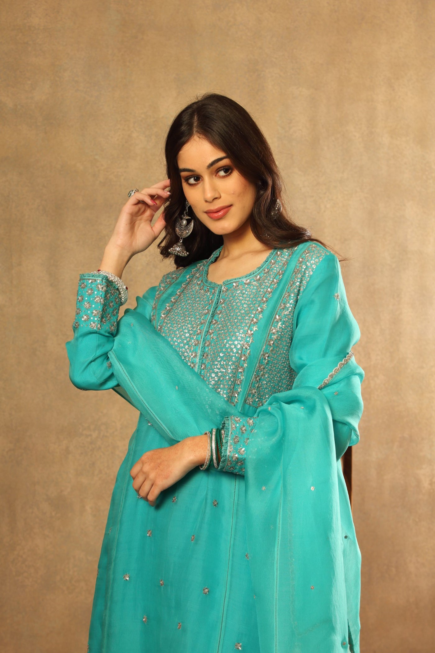 Hand Embroidered Sea Blue Pure Katan Silk Long Kurta Sharara Set