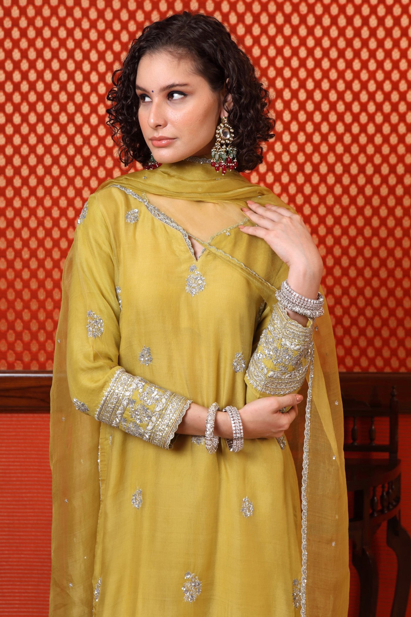 Hand Embroidered Lime Green Pure Katan Silk Kurta Palazzo Set