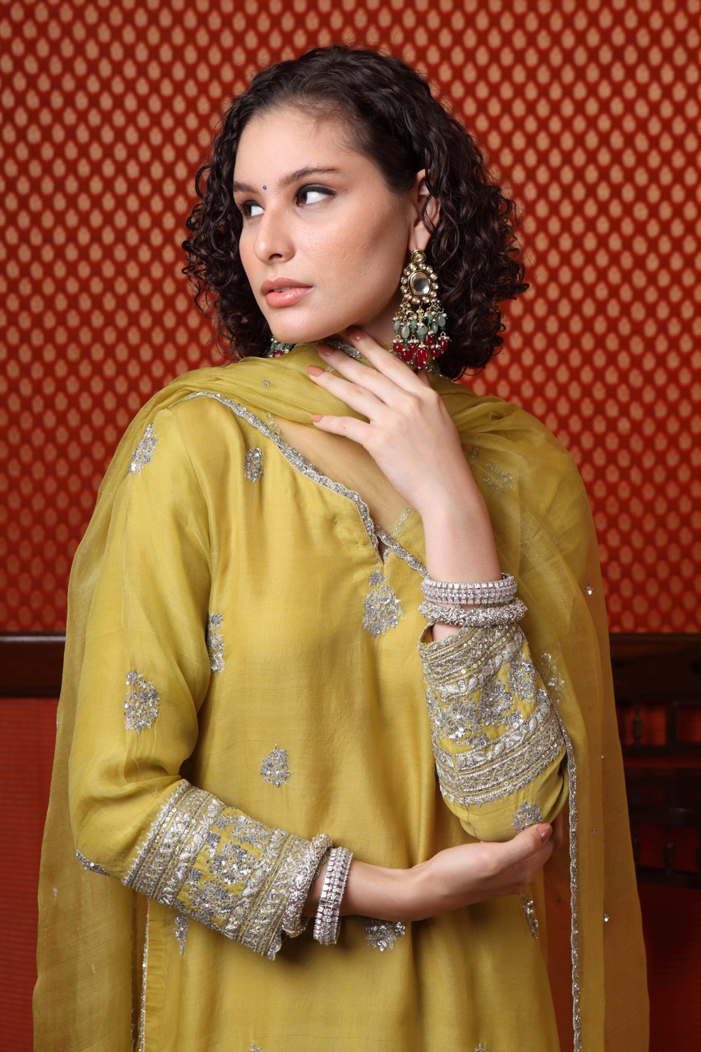 Hand Embroidered Lime Green Pure Katan Silk Kurta Palazzo Set