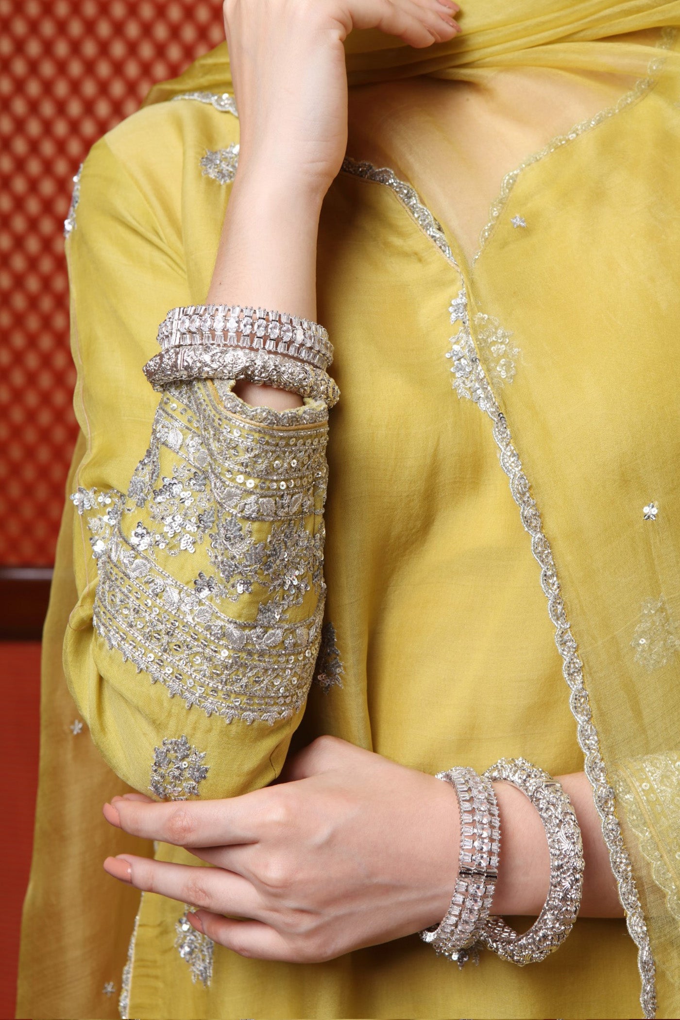 Hand Embroidered Lime Green Pure Katan Silk Kurta Palazzo Set