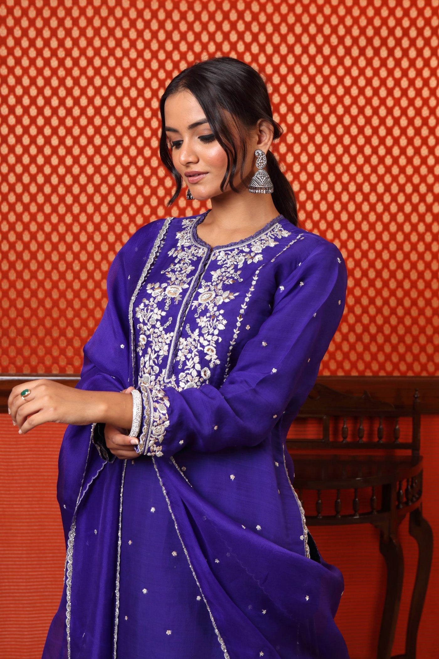 Hand Embroidered Aubergine Pure Katan Silk Kurta Sharara Set