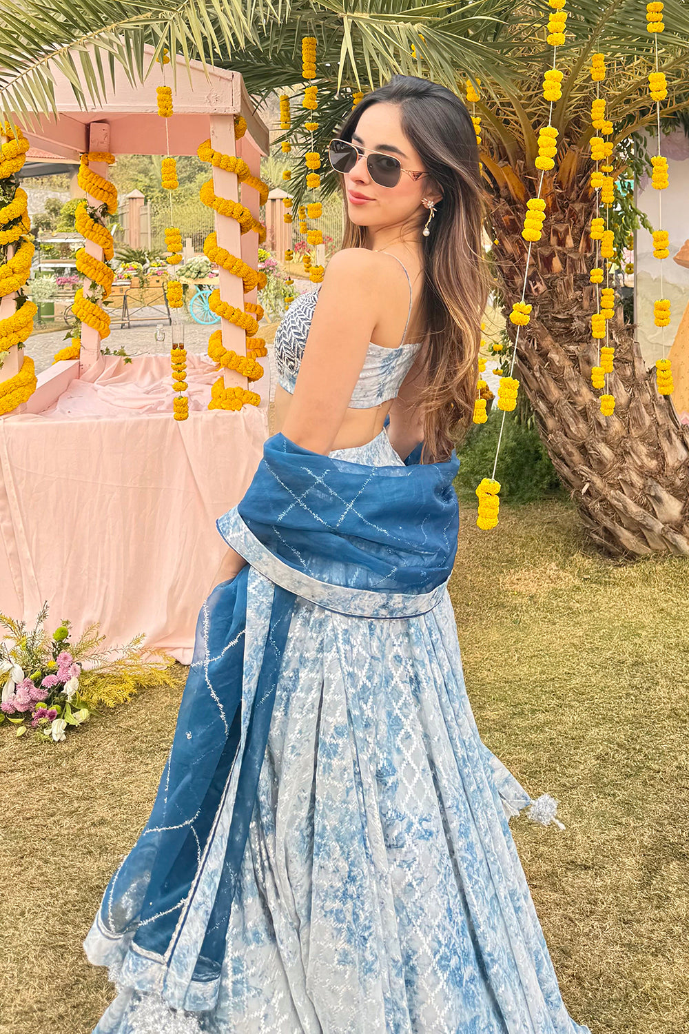 Blue Ishani Lehenga Set in Opada Silk and Brasso Fabric