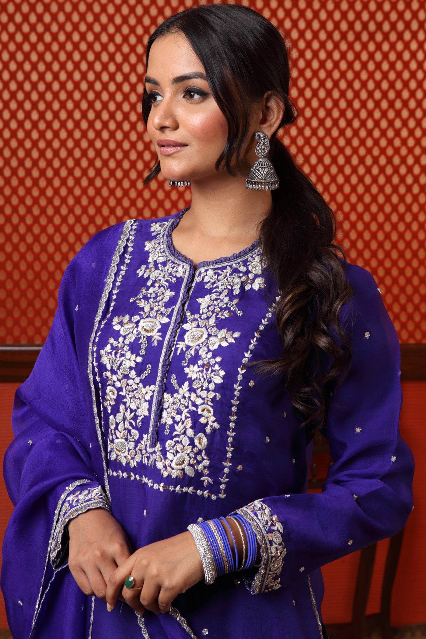 Hand Embroidered Aubergine Pure Katan Silk Kurta Sharara Set