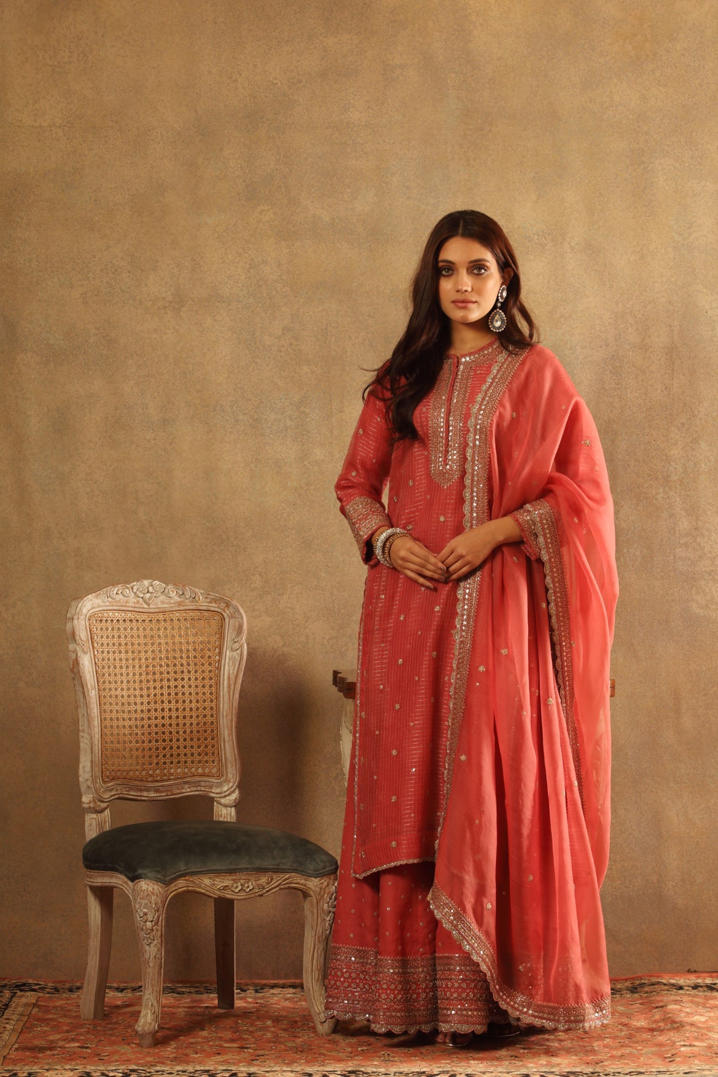 Hand Embroidered Honeysuckle Pink Pure Katan Silk Long Kurta Sharara Set