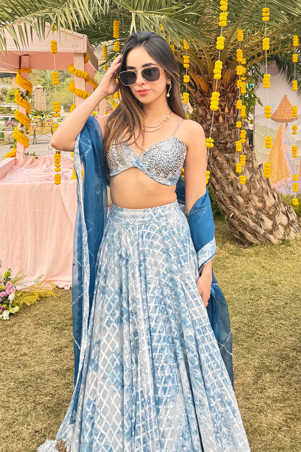 Blue Ishani Lehenga Set in Opada Silk and Brasso Fabric