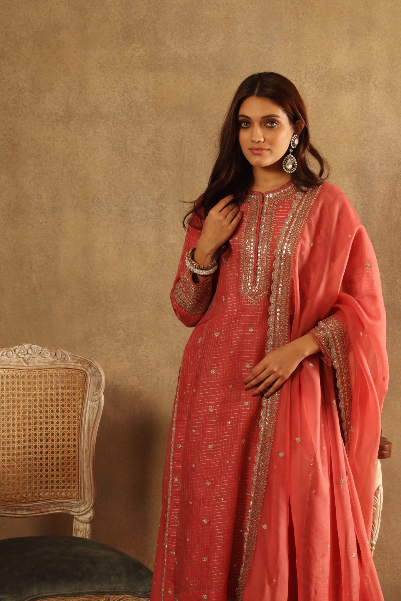 Hand Embroidered Honeysuckle Pink Pure Katan Silk Long Kurta Sharara Set