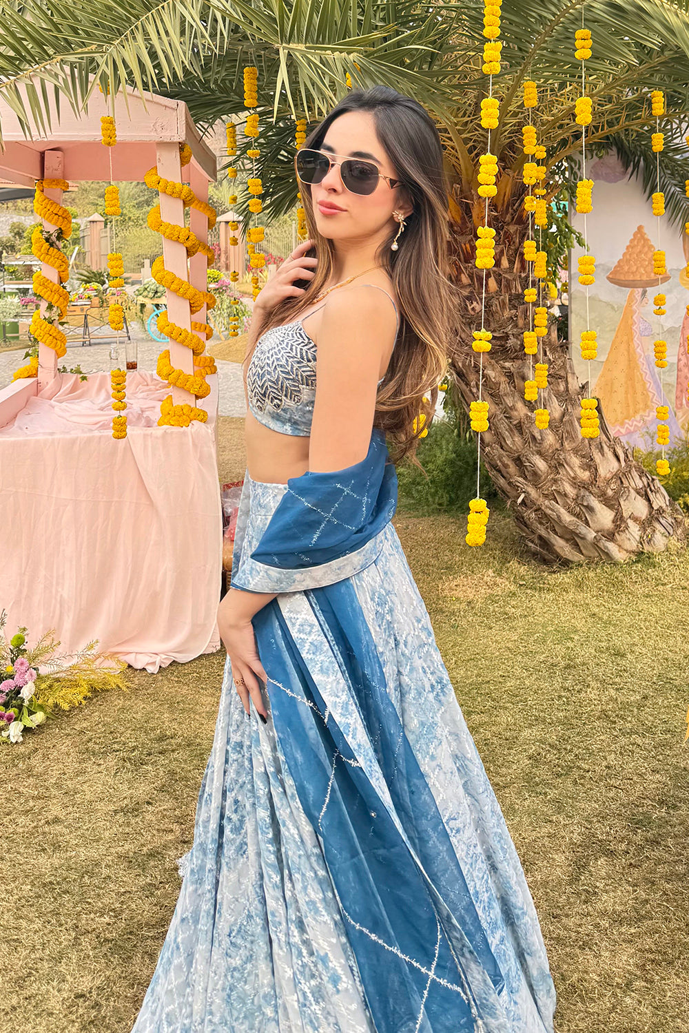 Blue Ishani Lehenga Set in Opada Silk and Brasso Fabric