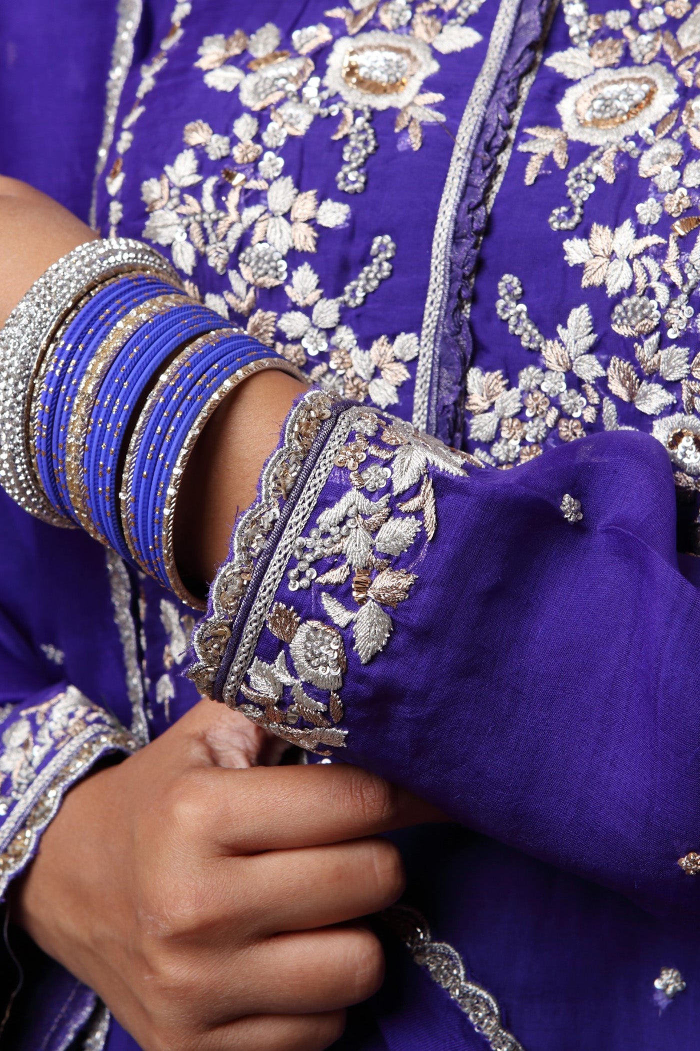 Hand Embroidered Aubergine Pure Katan Silk Kurta Sharara Set