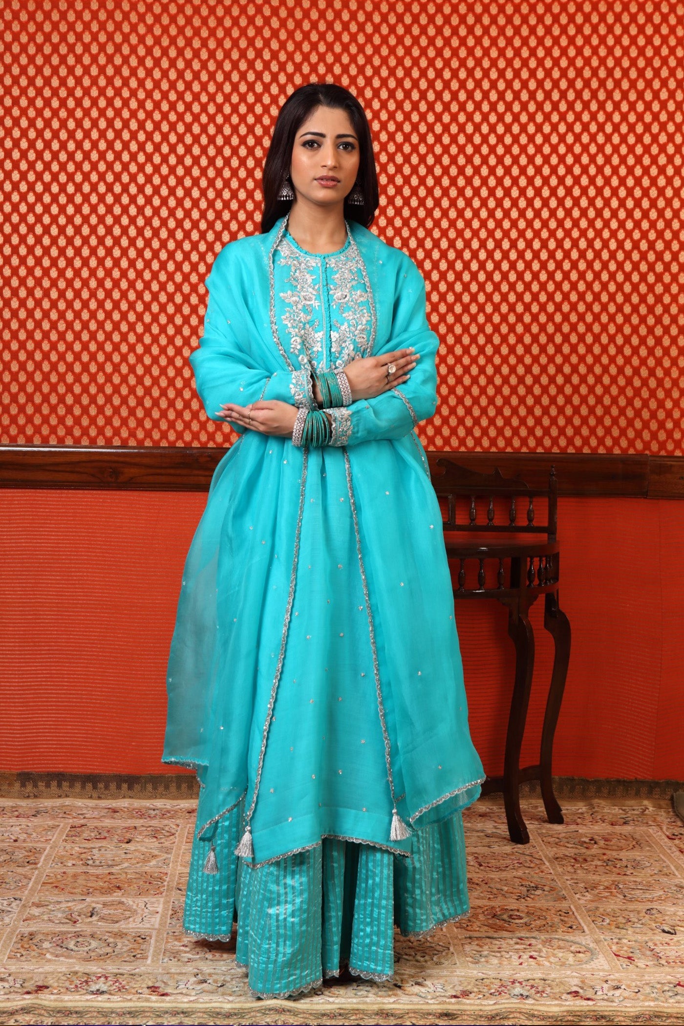 Hand Embroidered Sea Blue Pure Katan Silk Kurta Sharara Set