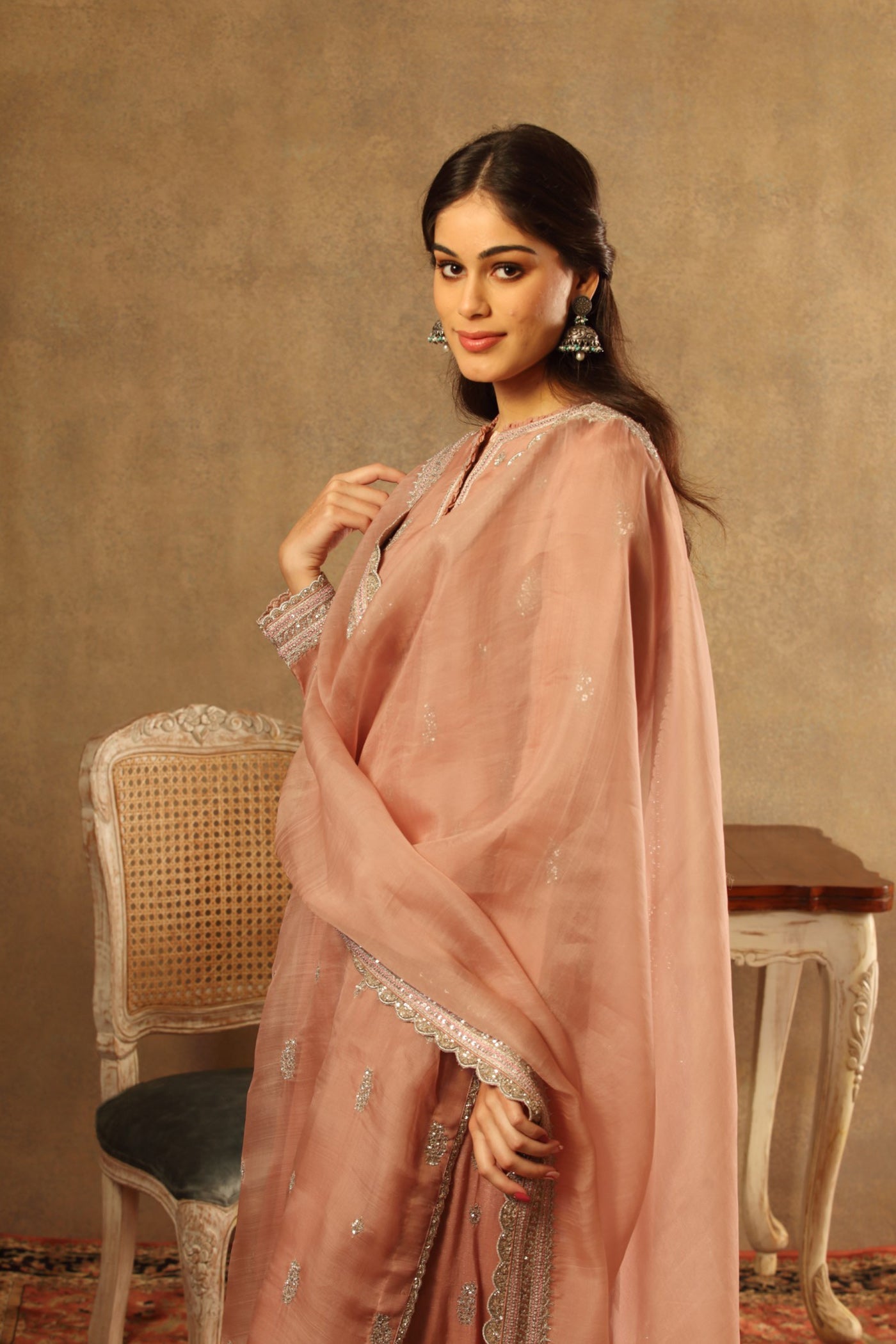 Hand Embroidered Rose Brown Pure Katan Silk Long Kurta Sharara Set