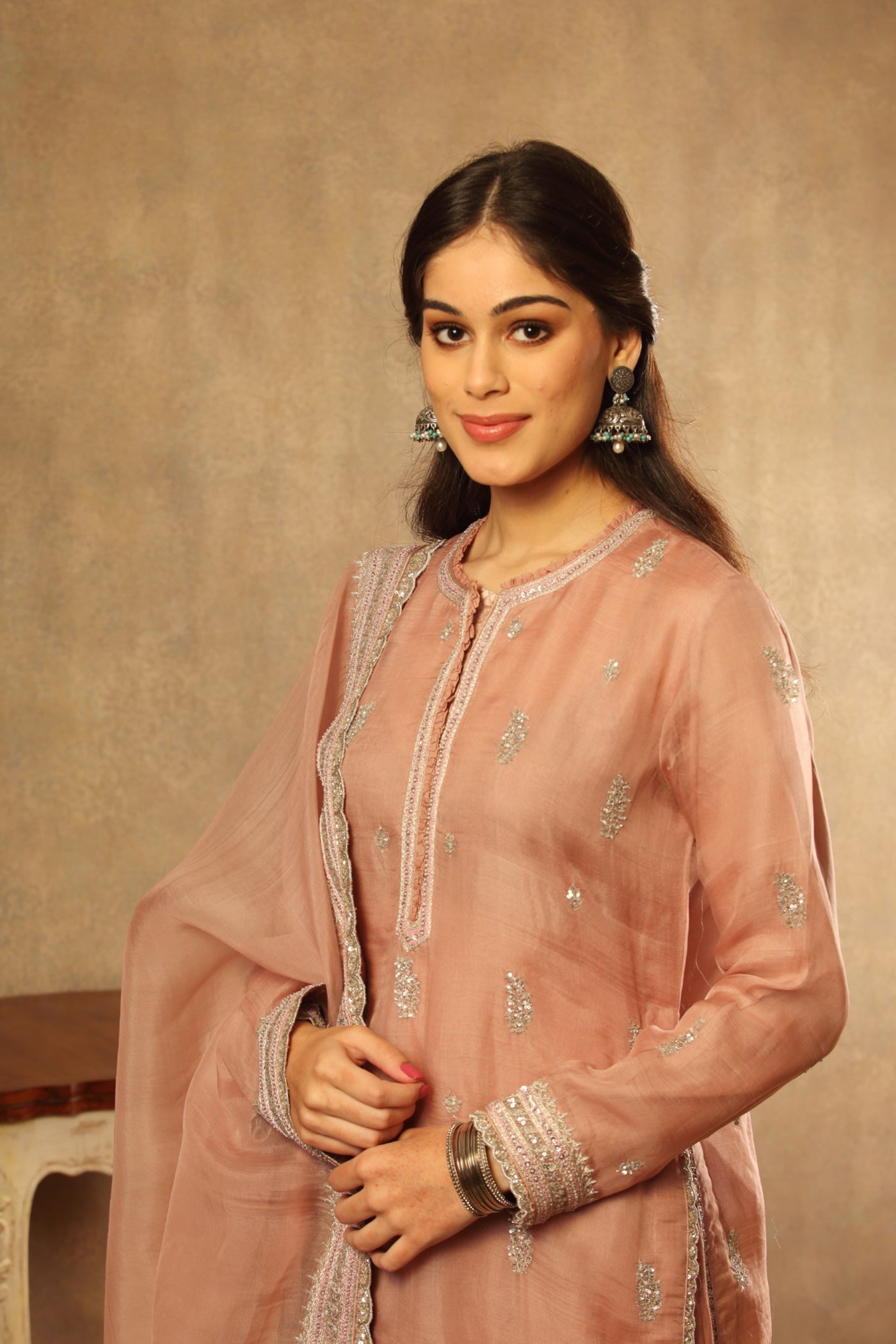 Hand Embroidered Rose Brown Pure Katan Silk Long Kurta Sharara Set