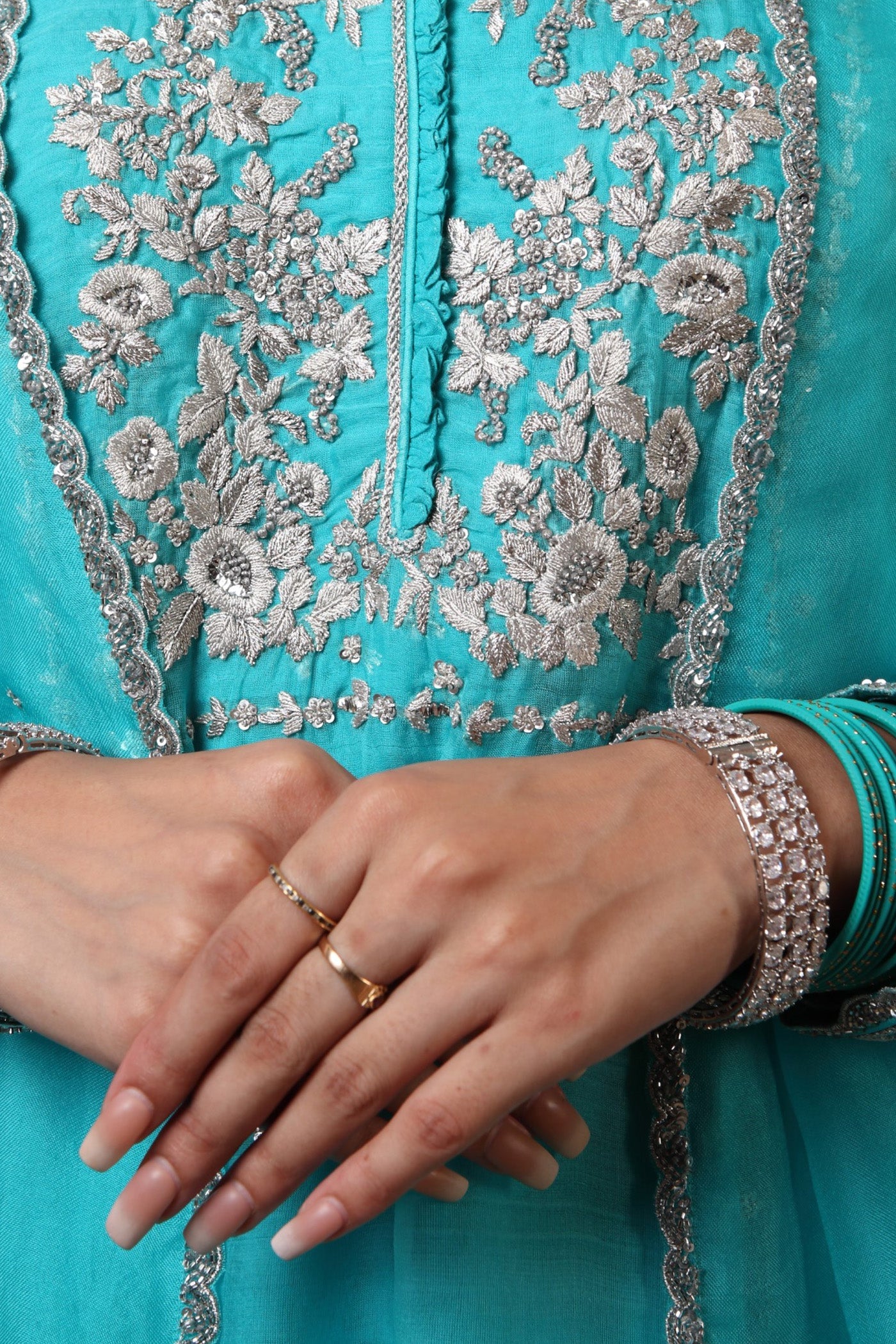 Hand Embroidered Sea Blue Pure Katan Silk Kurta Sharara Set