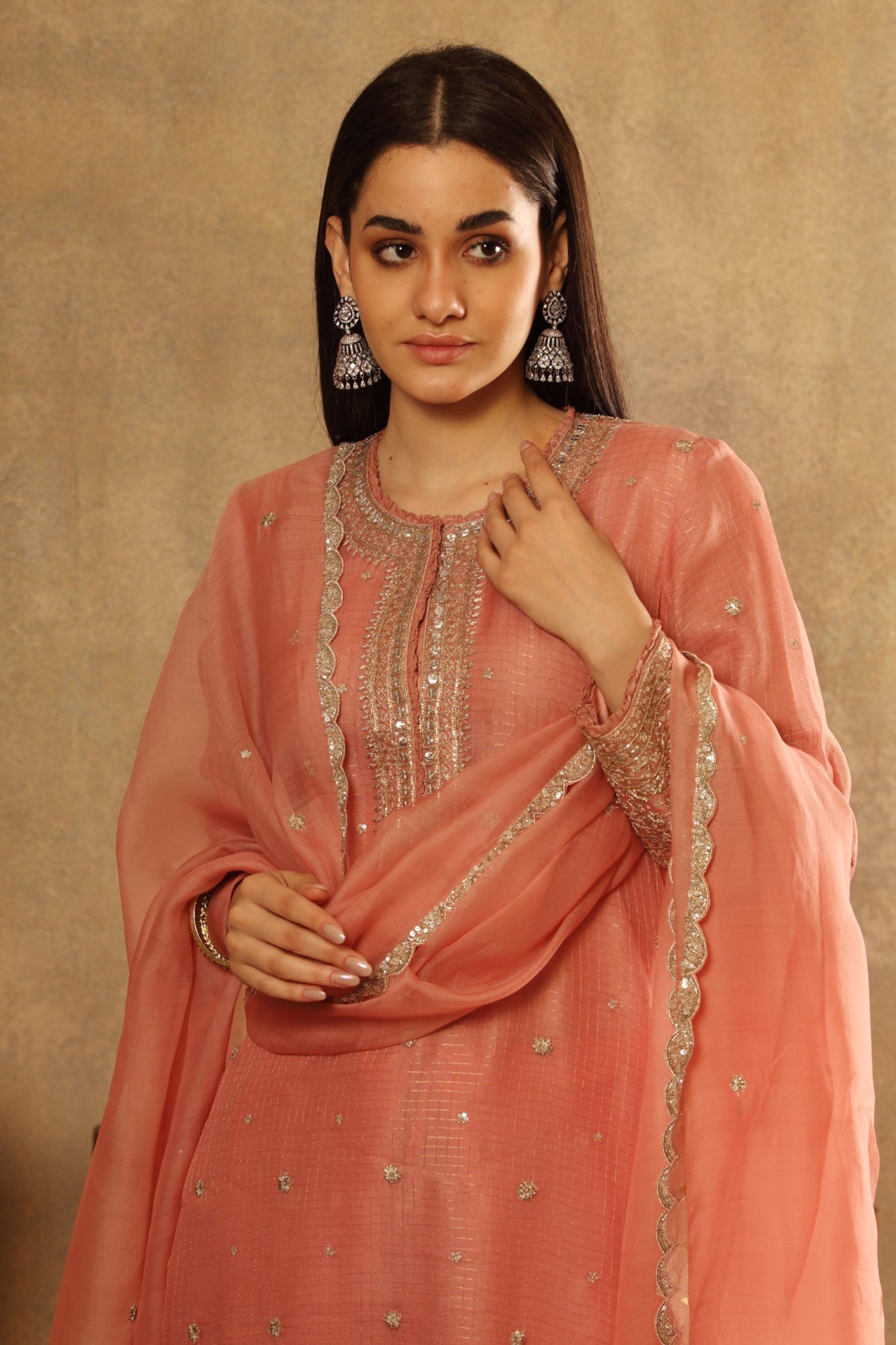 Hand Embroidered Strawberry Ice Pink Pure Katan Silk Kurta Palazzo Set
