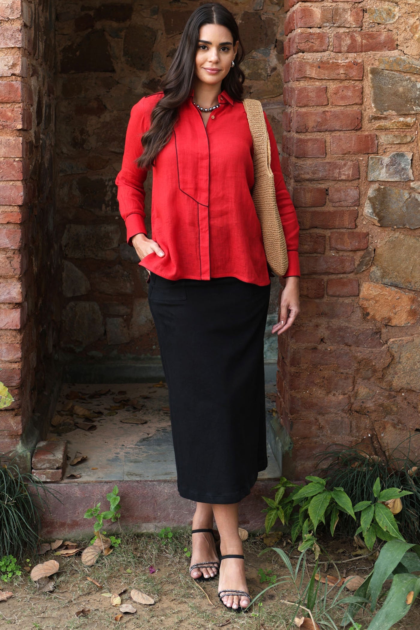 Tomato-Red Pure Linen Collared Front-Open Short Blouse With Contrast Edgings
