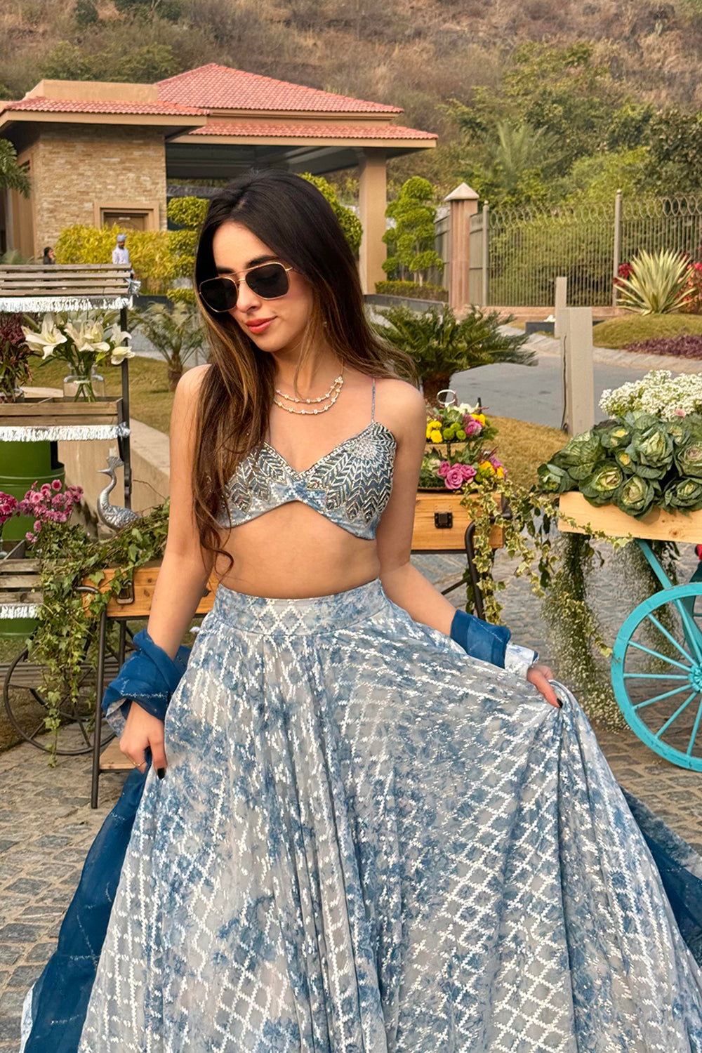 Blue Ishani Lehenga Set in Opada Silk and Brasso Fabric