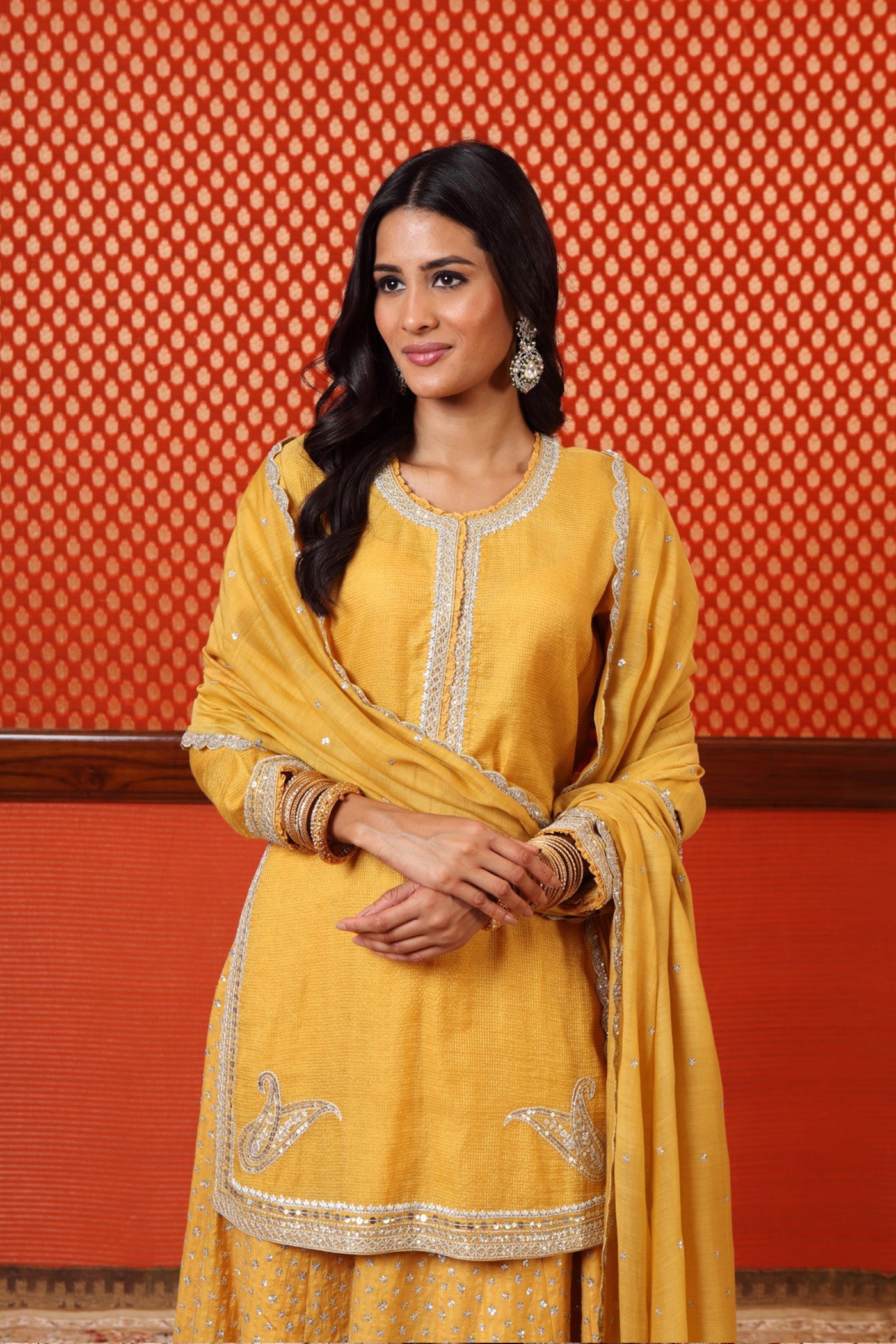 Hand Embroidered Mango Yellow Pure Silk Cotton Short Kurta Sharara Set