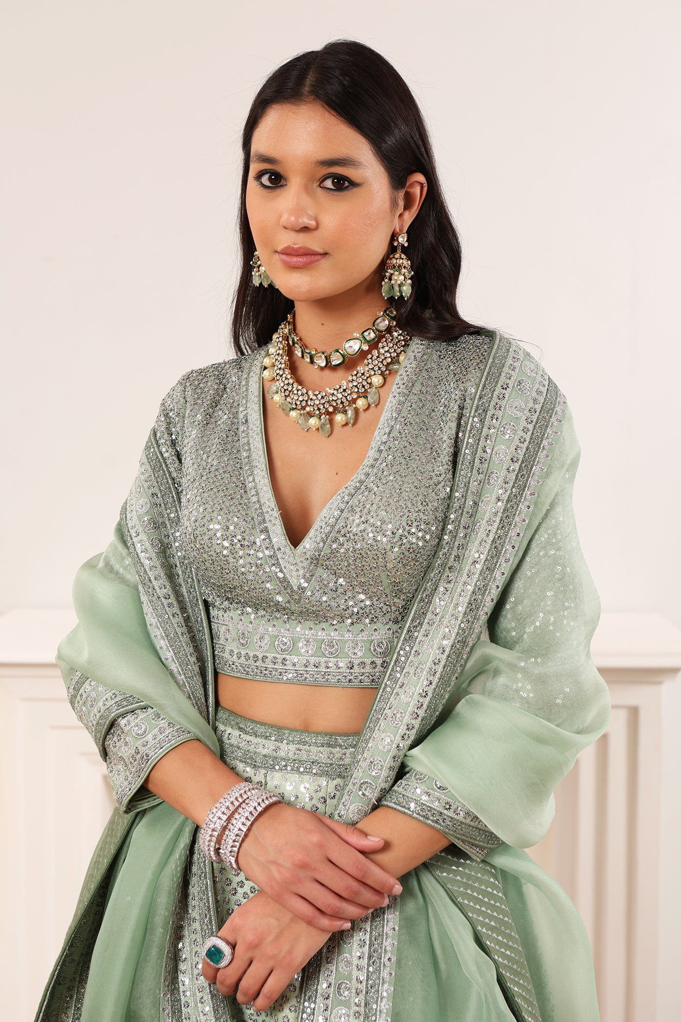 Fern-Green (Ombre Dyed) Embroidered Chaand-Buta Lehenga-Set With Blouse & Dupatta