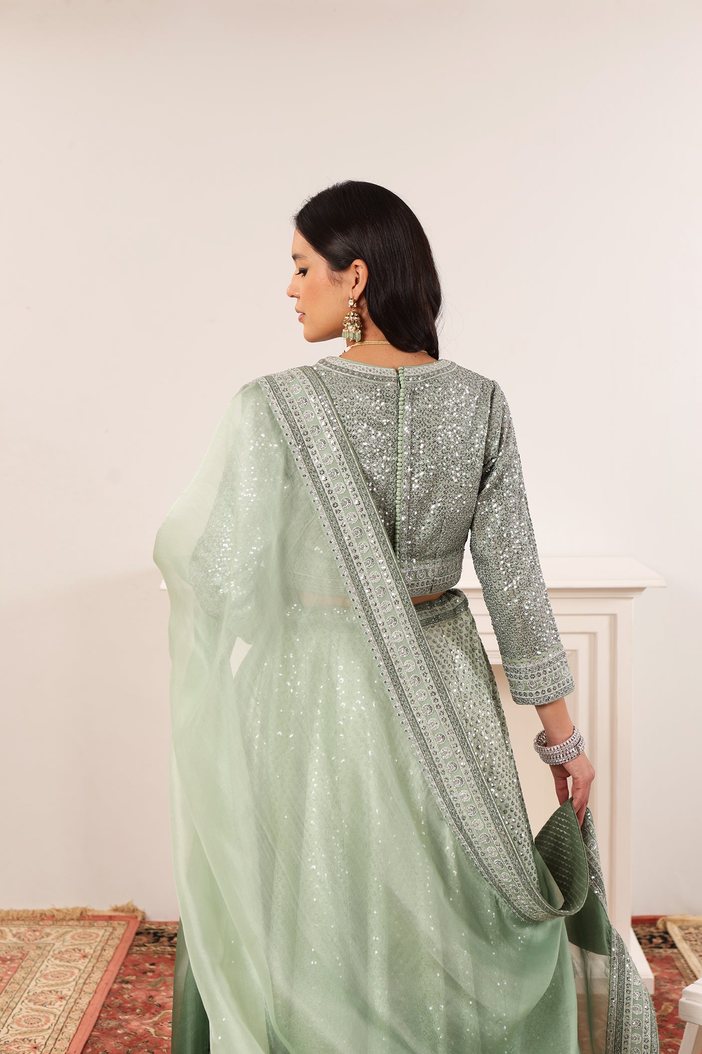 Fern-Green (Ombre Dyed) Embroidered Chaand-Buta Lehenga-Set With Blouse & Dupatta