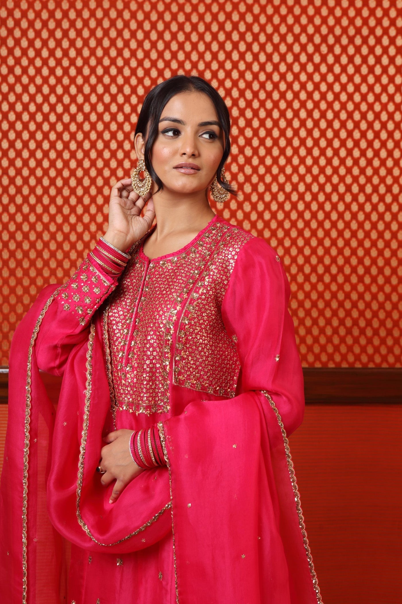 Hand Embroidered Rani Pink Pure Silk Organza Kurta Sharara Set