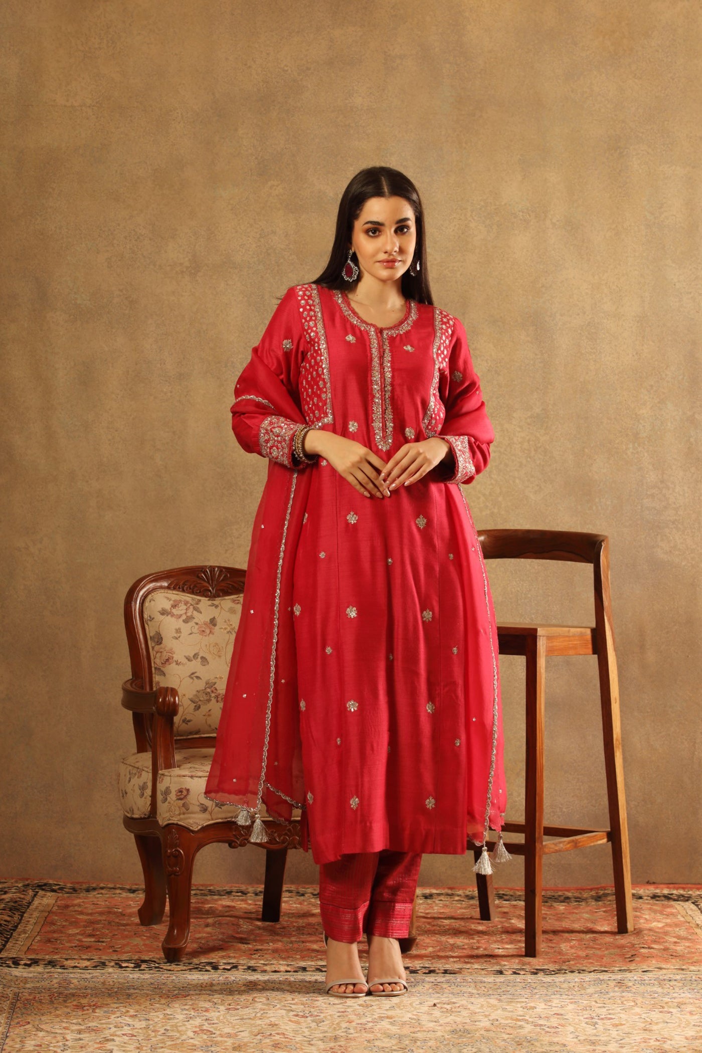 Hand Embroidered Crimson Pink Pure Silk Cotton Kurta Pants Set