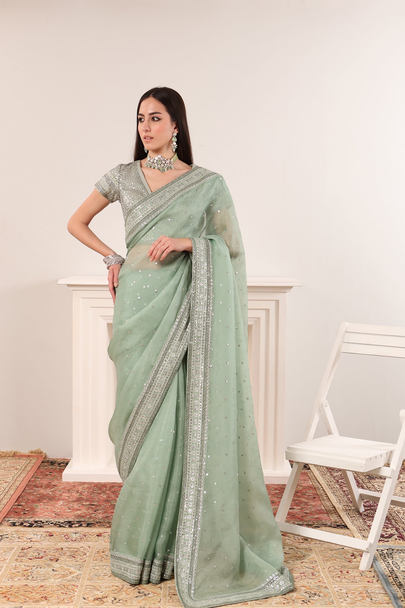 Fern-Green Embroidered Chaand-Buta Pure Silk-Organza Saree-Blouse Set