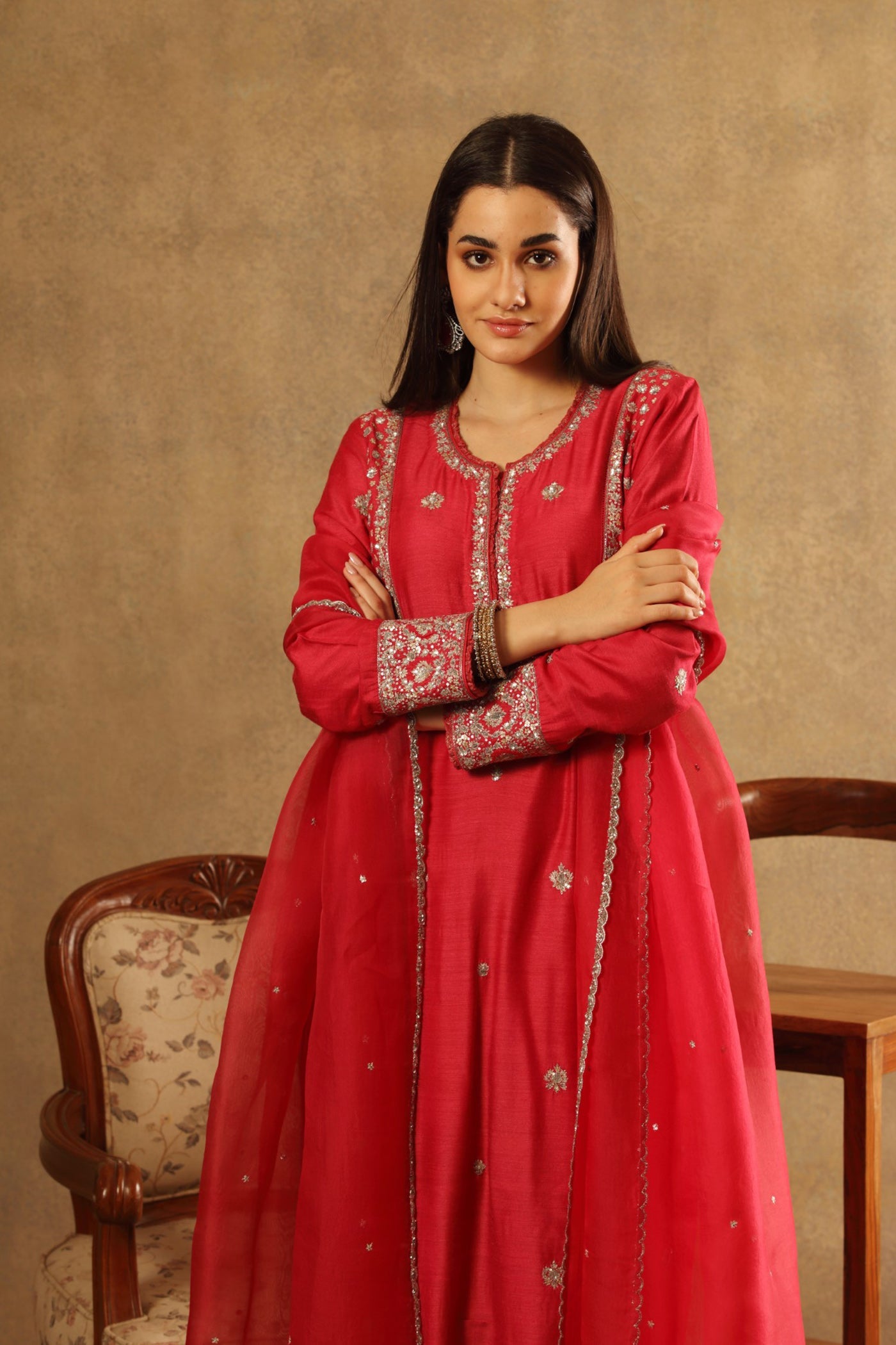 Hand Embroidered Crimson Pink Pure Silk Cotton Kurta Pants Set