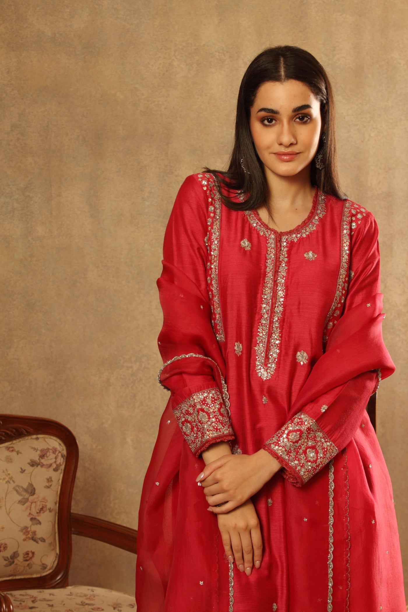Hand Embroidered Crimson Pink Pure Silk Cotton Kurta Pants Set